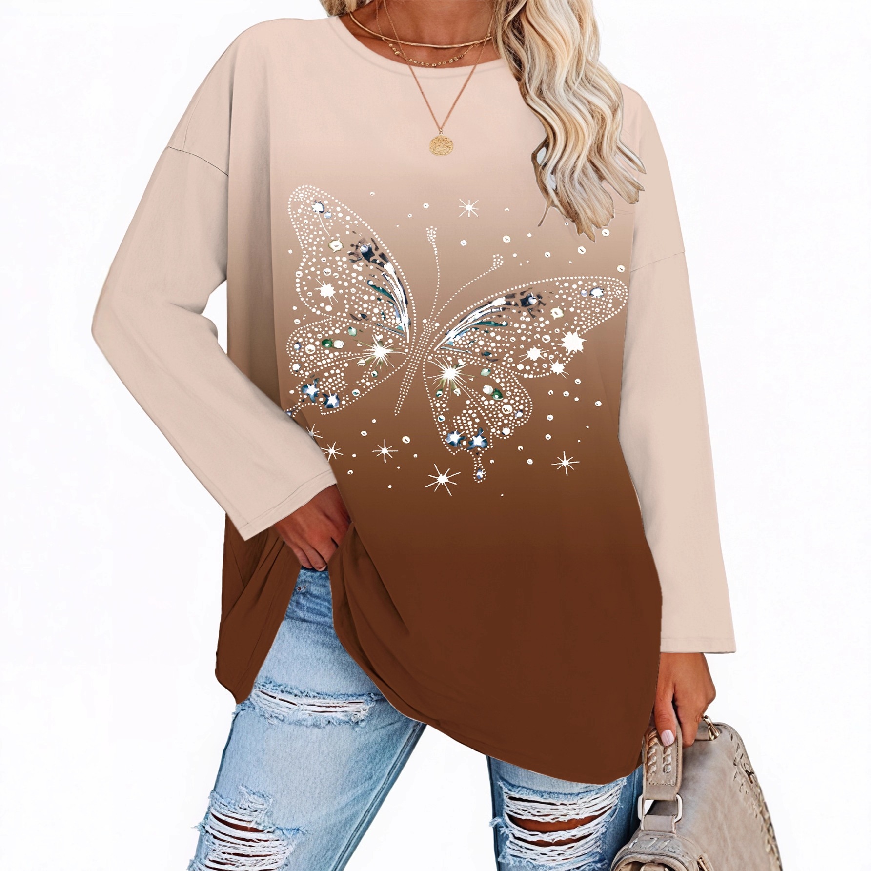 Elegant Butterfly Print Round Neck T-Shirt for WomenWinter Casual Comfortable Style — image 5