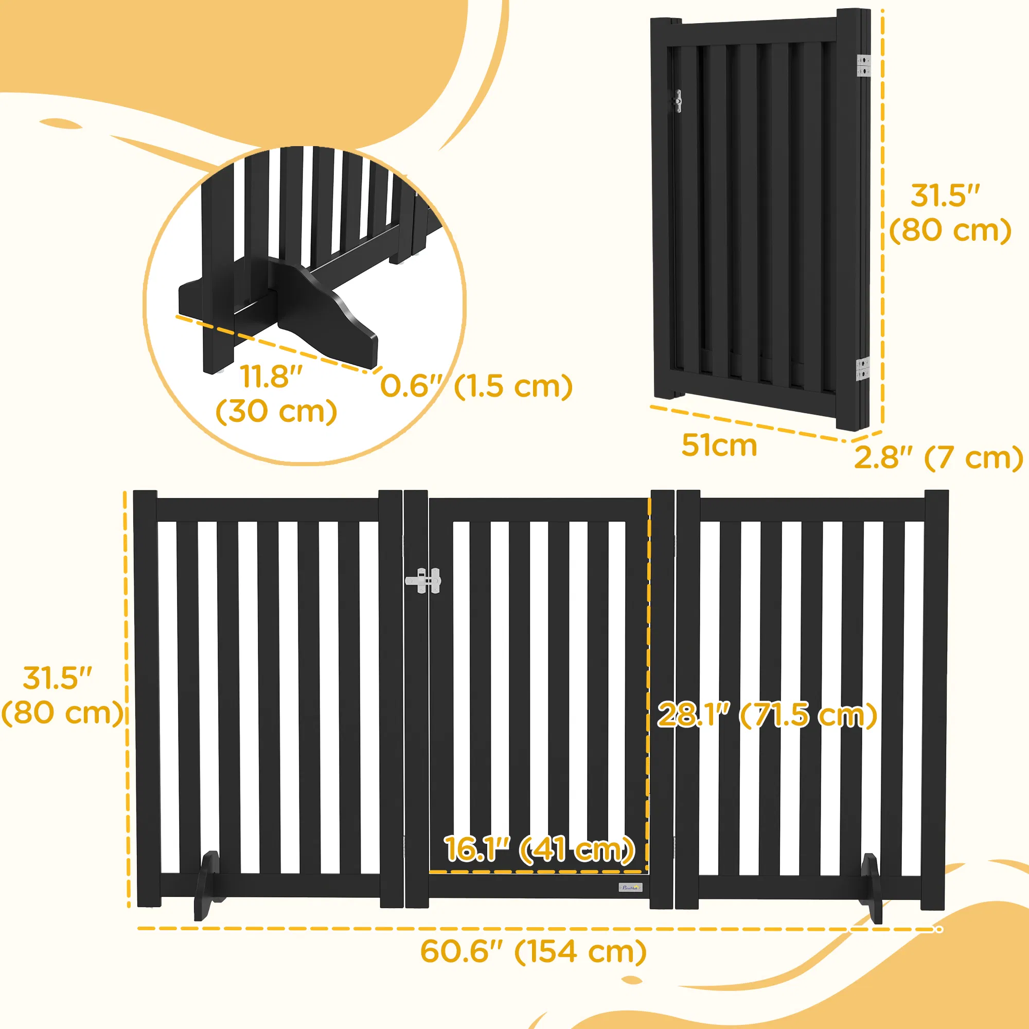 3-Panel Foldable Dog Gate with Feet for Medium Dogs and Below, Black — image 3