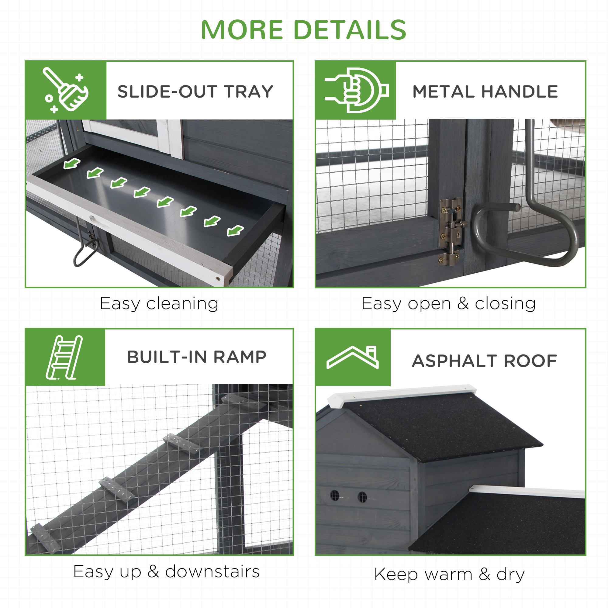 84" Wooden Chicken Coop, Hen House Outdoor with Run Nesting Box, Asphalt Roof, Removable Tray, Ramp, Poultry Cage for 2-3 Chickens, Gray — imagen 7