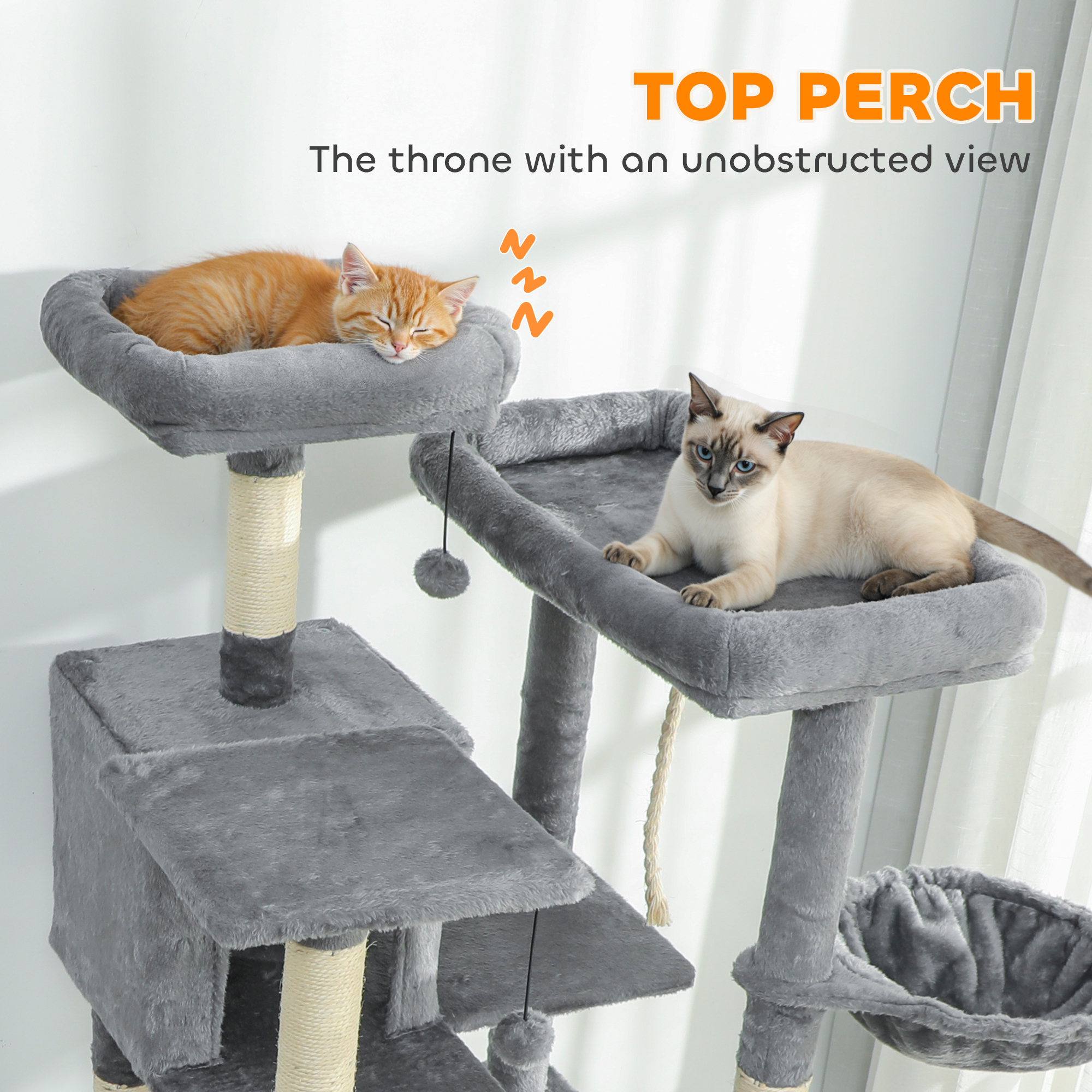 Árbol para Gatos de 69", Torre Multinivel con 2 Condominios y 3 Hamacas, 8 Postes Rascadores, para Varios Gatos, Gris Oscuro — imagen 5