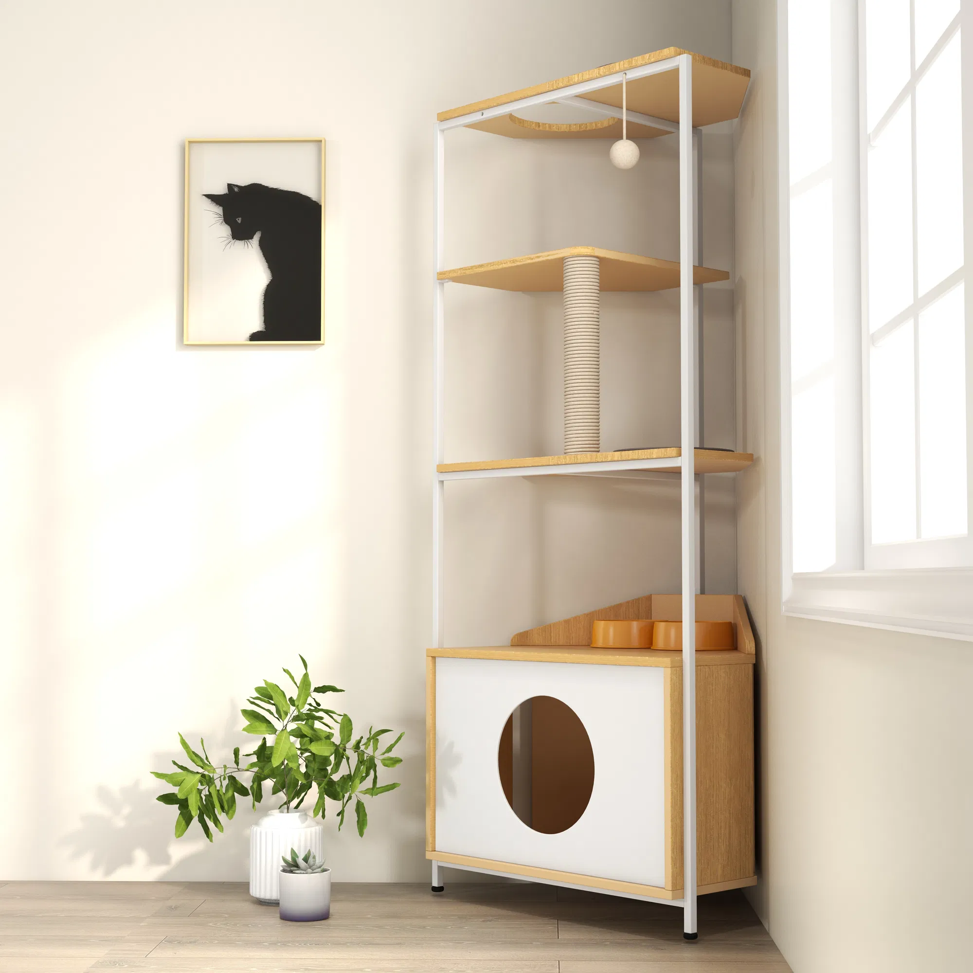 Corner Cat Tower, Cat Tree with Scratching Post, Cat Condo with Feeding Station and Climbing Platforms, Pet Furniture for Indoor Cats — image 7