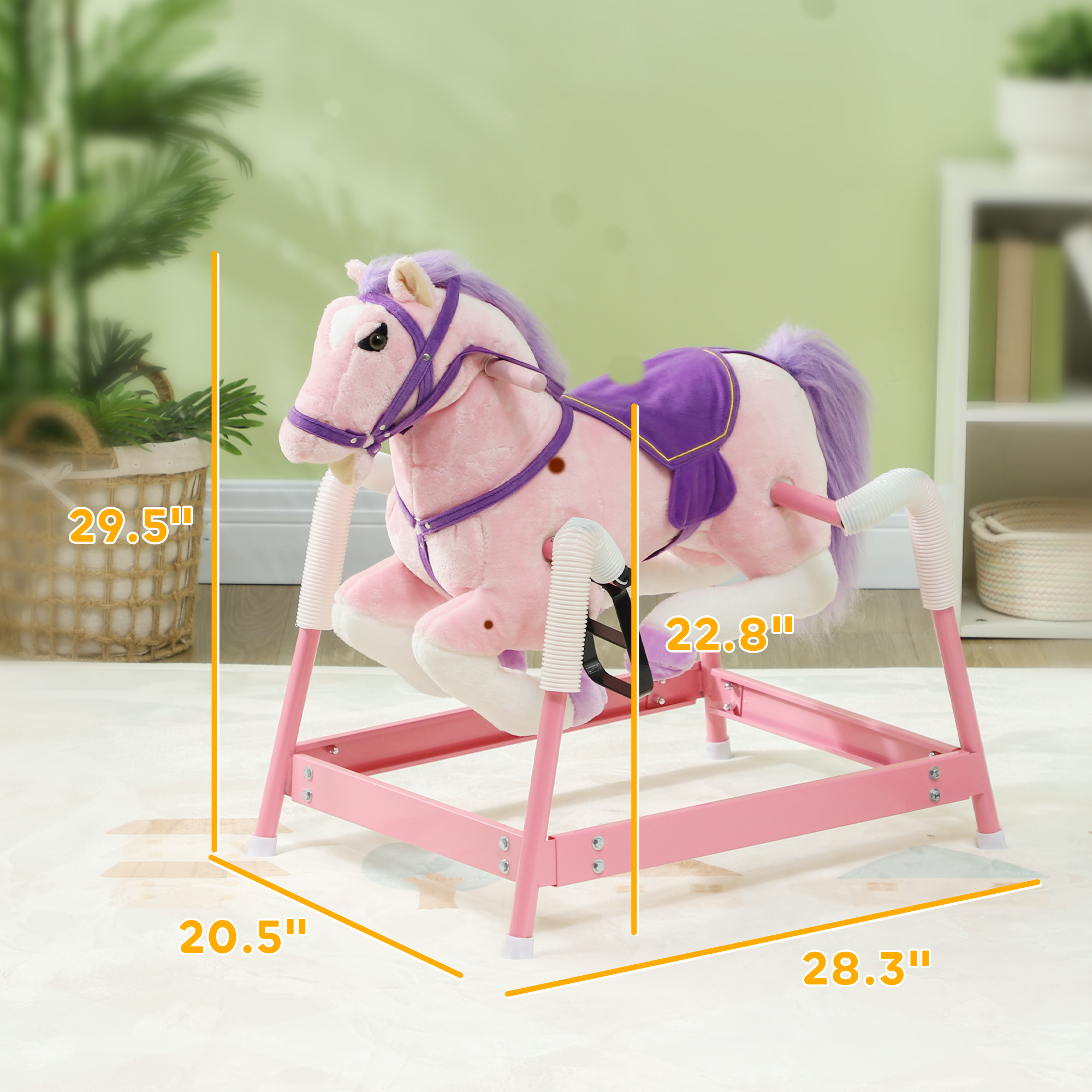 Spring Rocking Horse, Kids Ride On Horse, Plush Horse Ride-on W/ Sounds & Foot Stirrups For Kids 3-8 Years, Pink — image 2