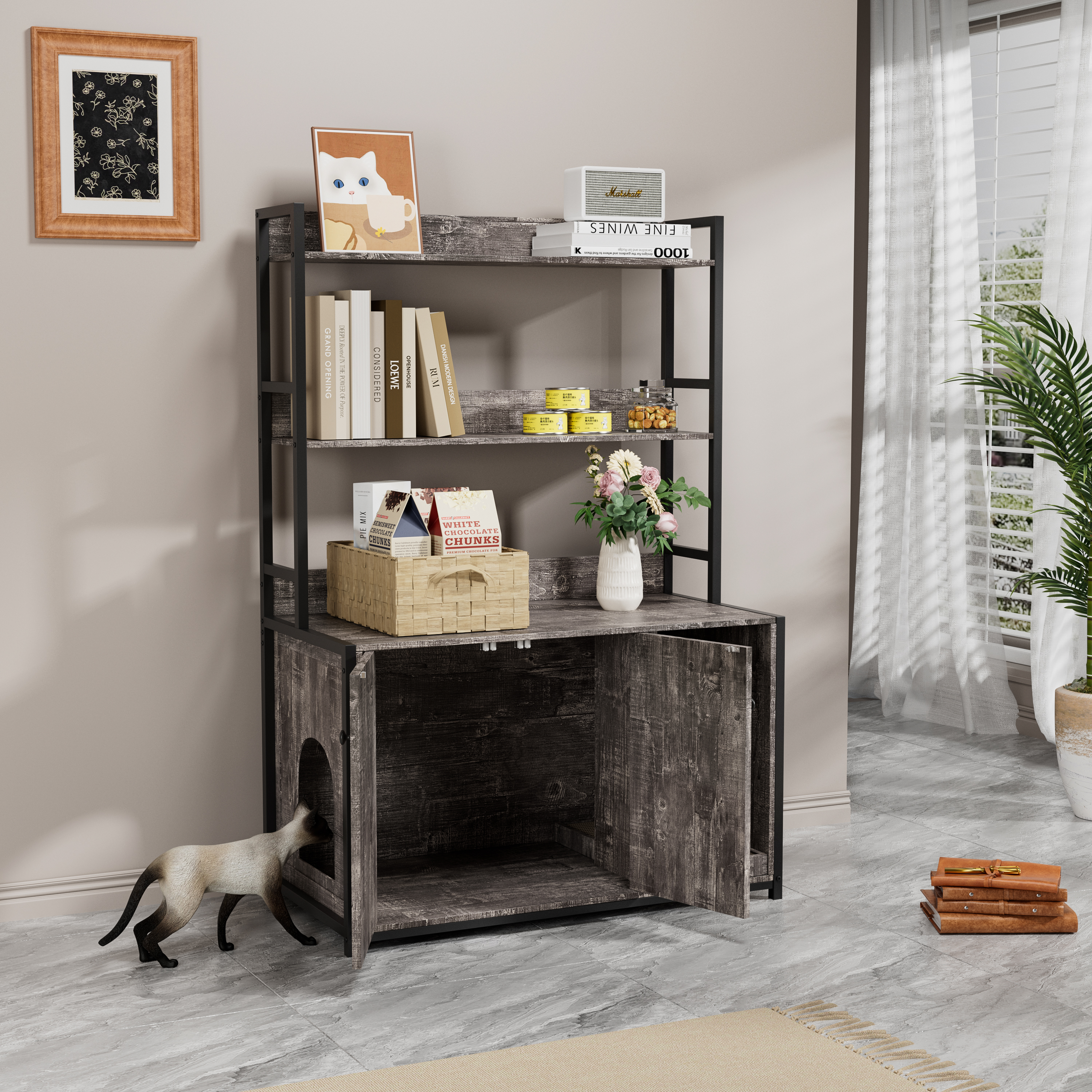 Caja de Limpieza para Gatos Grande con Almacenamiento, Mueble Oculto para Baño de Gato, Casa de Madera con Pala para Raspar, Armario de Gatos Interior Resistente con 2 Puertas (Gris) — imagen 4