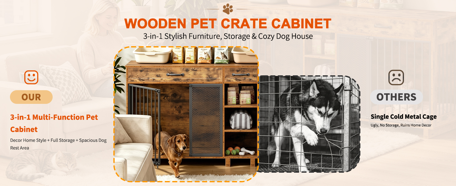 Large Wooden Dog Crate Furniture, Multi-Functional Pet Cage Cabinet with Storage — image 11