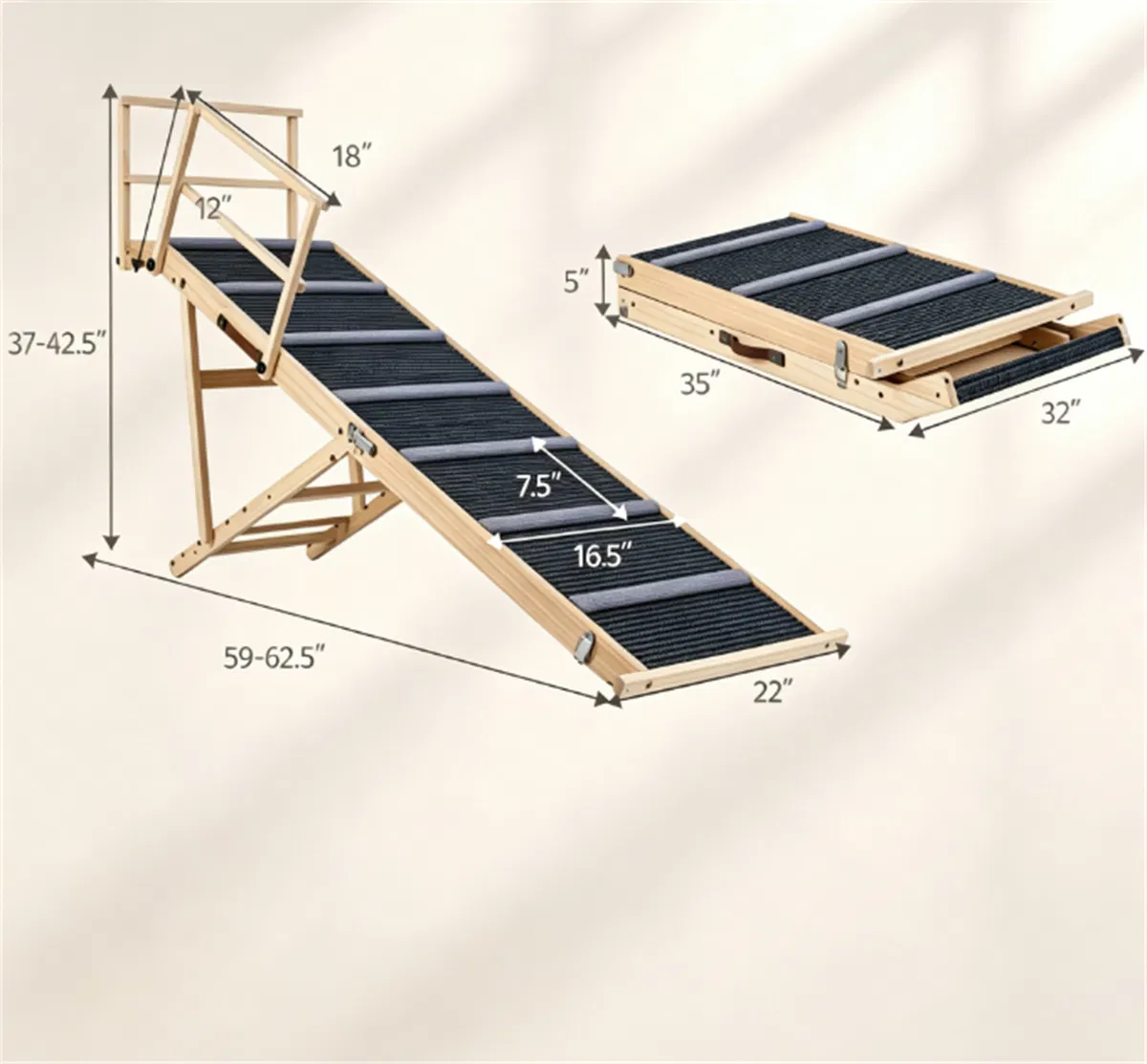 6-Level Adjustable Foldable Pet Ramp, Solid Pine Wood Non-Slip Dog Stairs with Side Rails, 145 lbs Heavy Duty Pet Step for Senior Dogs & Pets with Mobility Issues — image 5