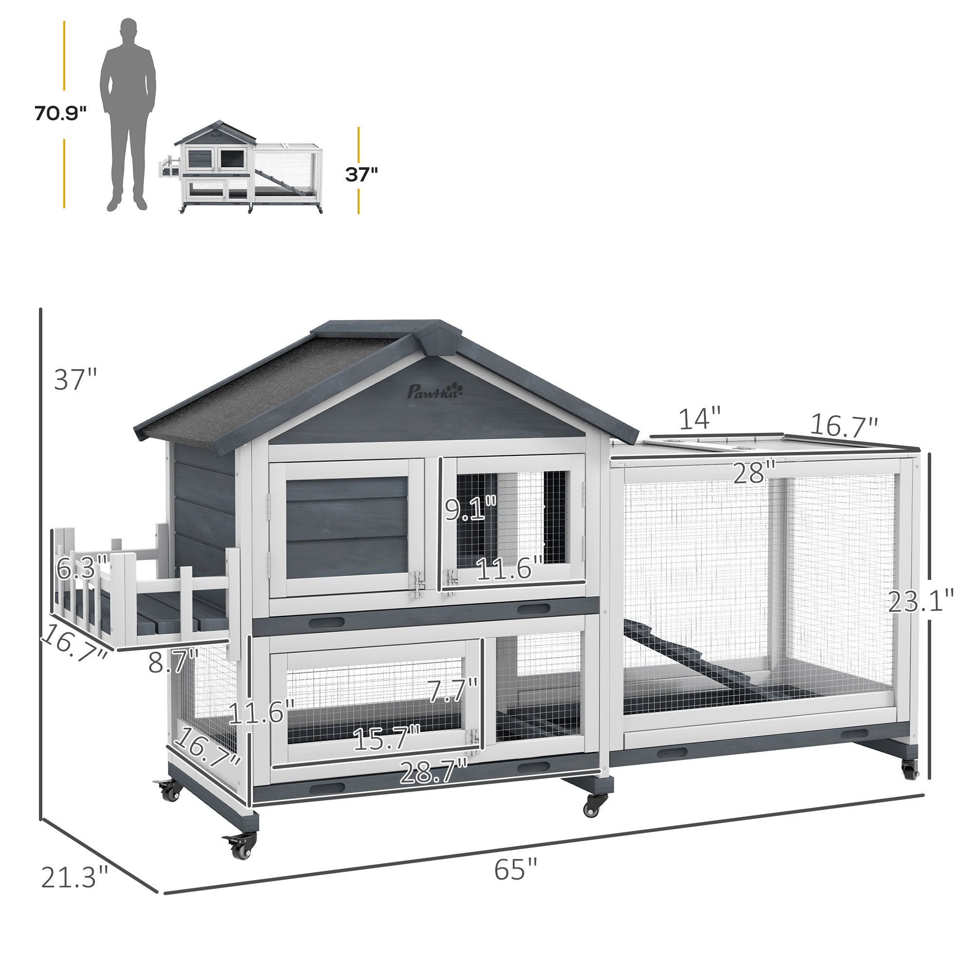 Conejera de Madera de 65", Corral para Mascotas con Techo Abatible y Caja de Almacenamiento para Conejos y Animales Pequeños, Gris — imagen 3