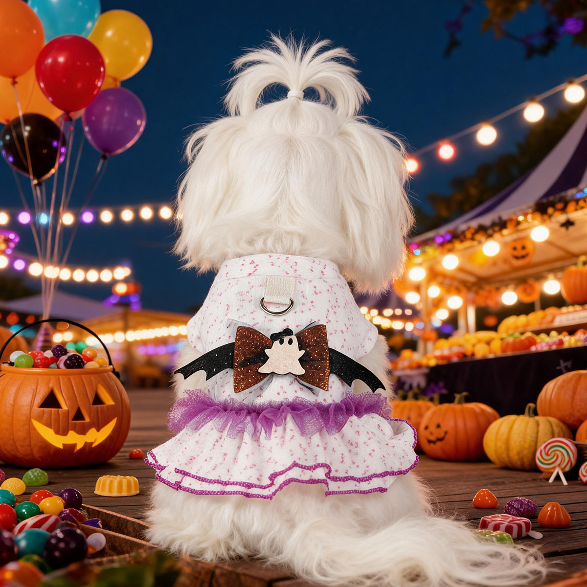 Ghost Bat Halloween Pet Tulle Dress with Leash for Small Cats and Dogs, Purple Mesh Costume for Festival Party — image 3
