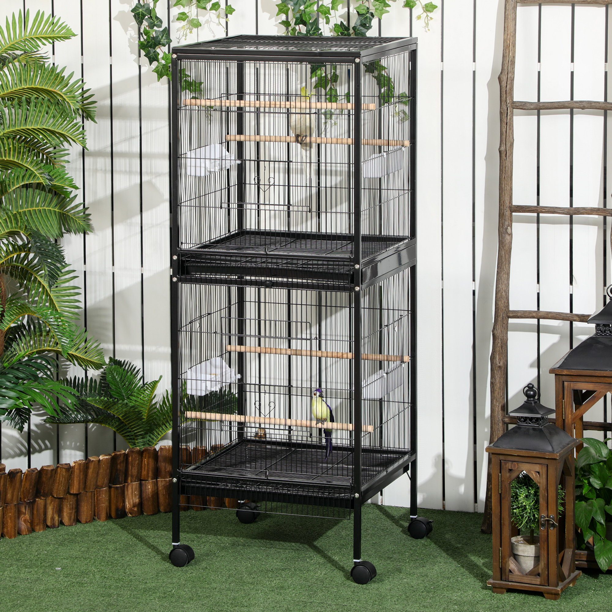 55" 2 In 1 Bird Cage Aviary Parakeet House For Finches, Budgies With Wheels, Black — imagen 1