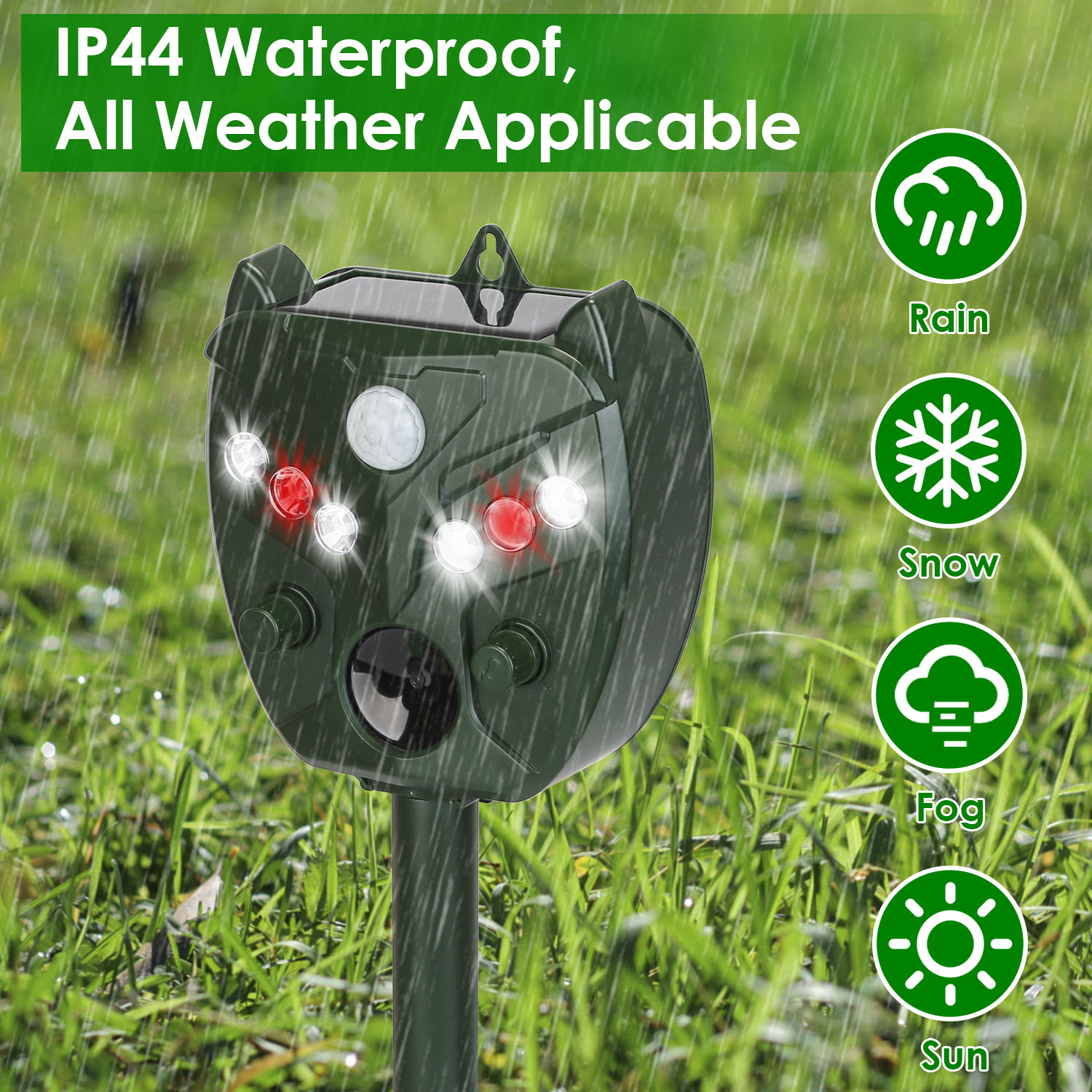 Repelente Solar Ultrasonico para Animales Exterior con 5 Velocidades para Jardín Granja Cauce de Ratas Mapaches Ardillas Conejos Perros Gatos y Vertebrados Acuáticos con Alarma Lámpara Stroboscópica IP44 — imagen 7