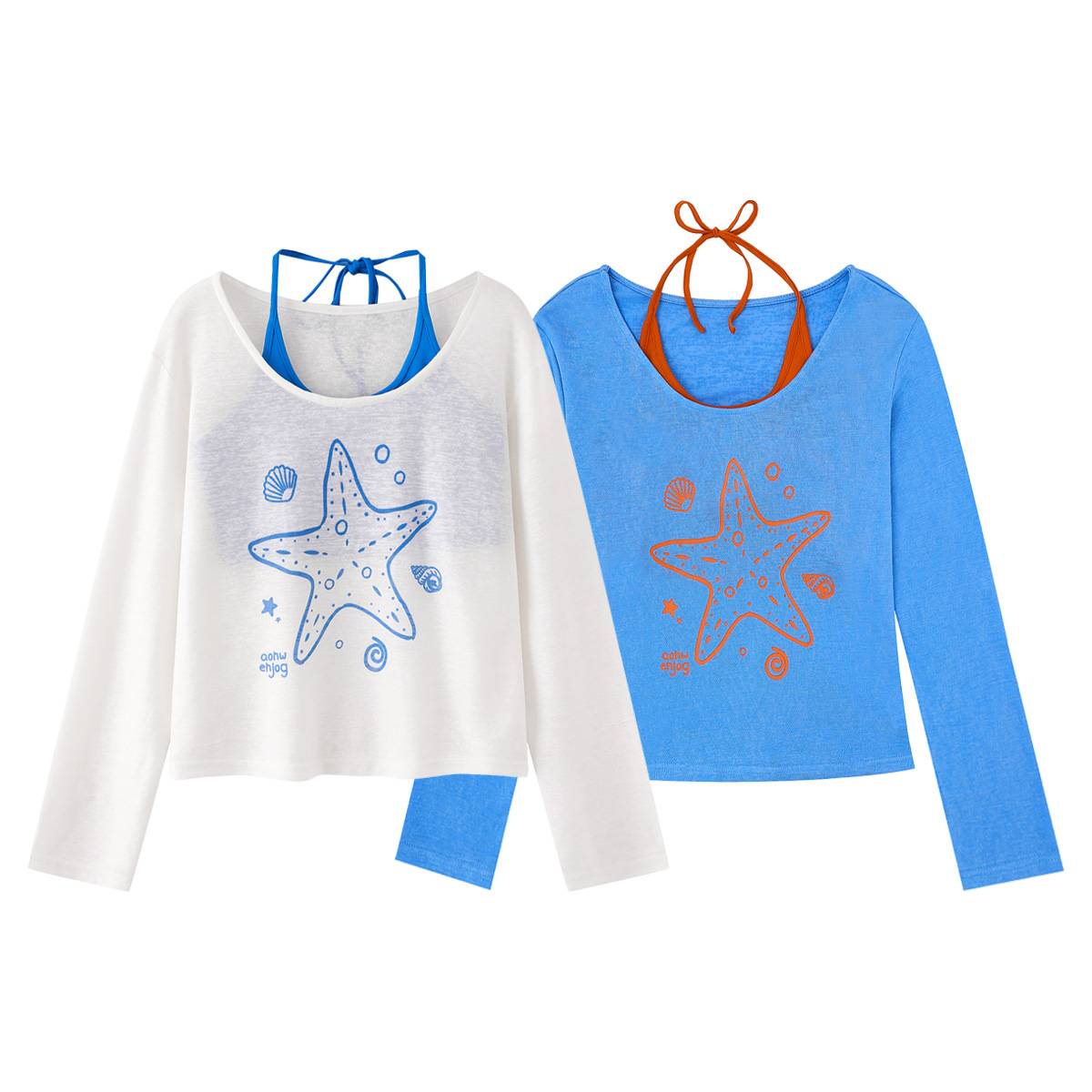 Camiseta de Dos Piezas con Estampado de Estrella de Mar para Mujer, Corte Colorido con Cierre de Faja y Manga Larga — imagen 5