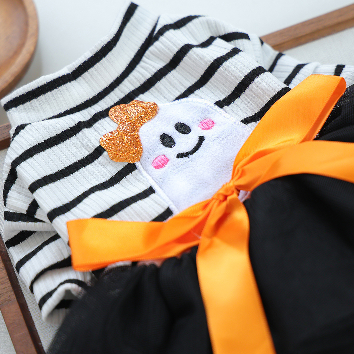 Striped Ghost Orange Bow Halloween Pet Tulle Dress for Maltese Cats, Black Mesh Holiday Formal Wear — image 4