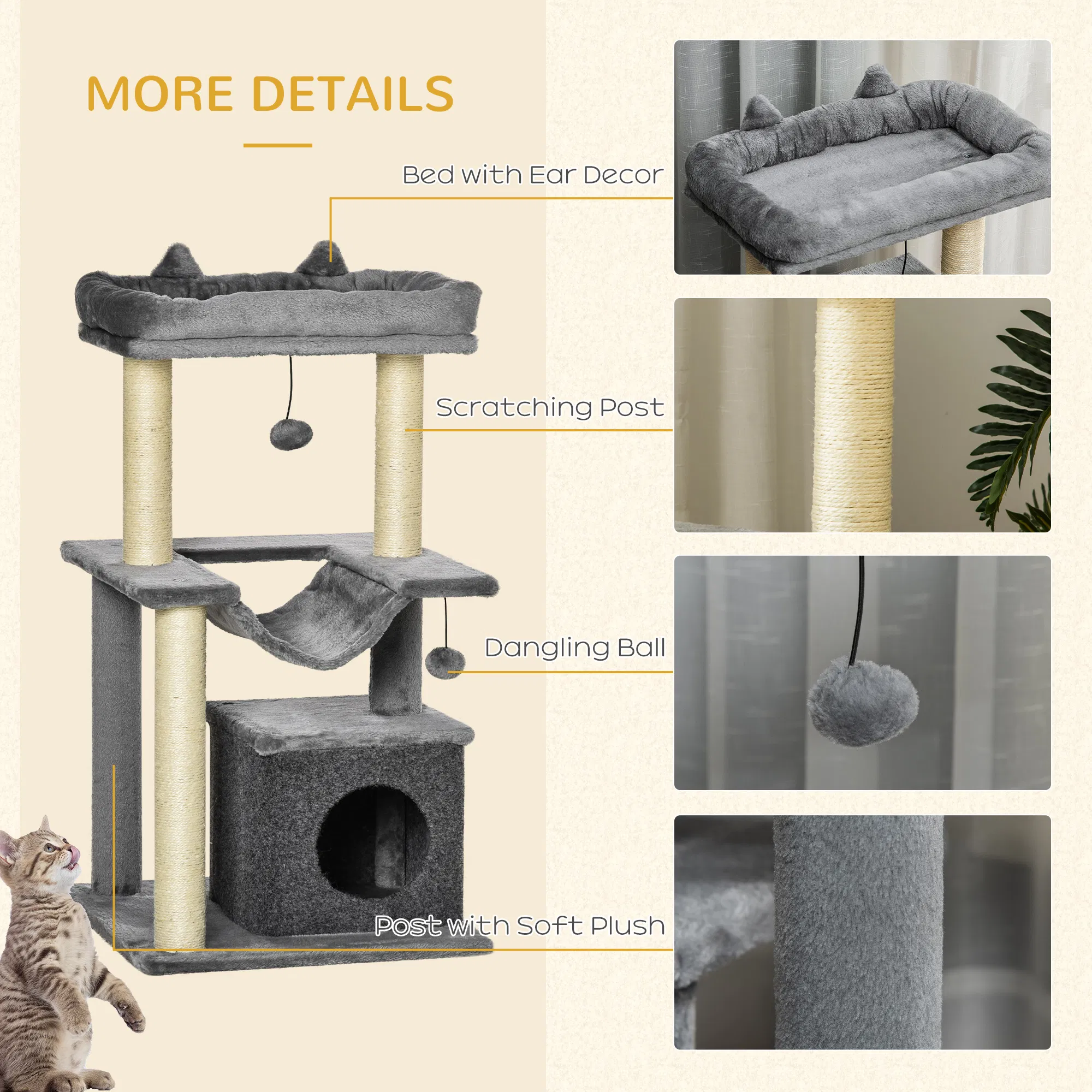 39.25'' Cat Tree Tower Multi-Level Kitten House with Scratching Post Condo Hammock Bed Ball Toy - Gray — image 3