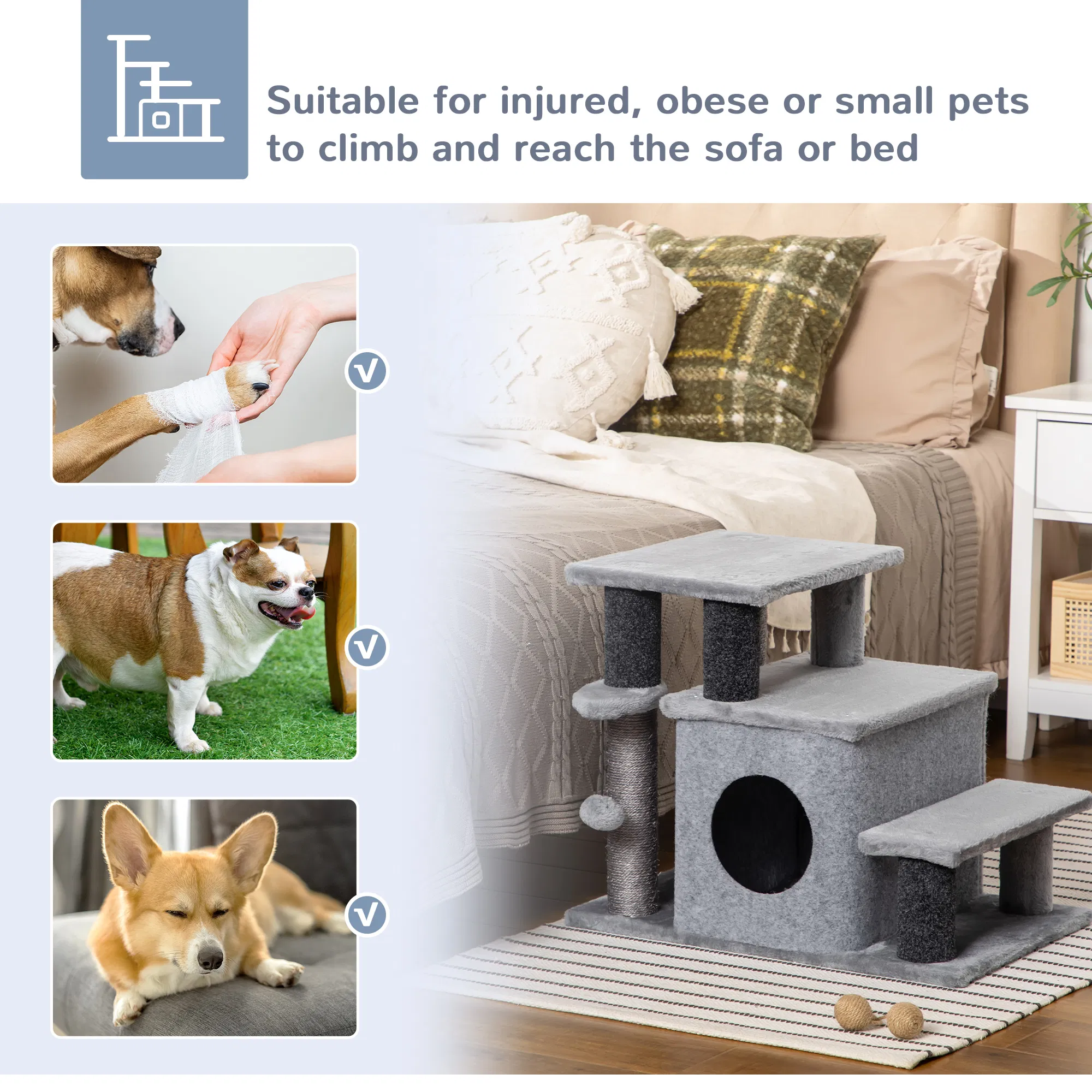 Cat Stairs Pet Steps for Couch Bed with Scratching Posts Condo Ball Toy, 23.6" x 15.7" x 26", Grey — image 4