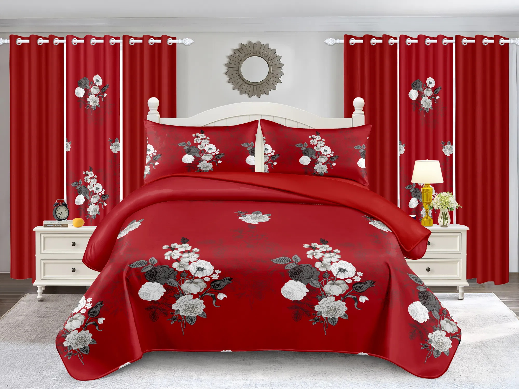 9-Piece Burgundy Red Floral Bedding & Curtain Combo Set, Vibrant Crimson Quilted Bedspread with 6 Light Filtering Window Panels & 2 Shams, Easy Care Microfiber Coverlet, Pet Friendly — image 7