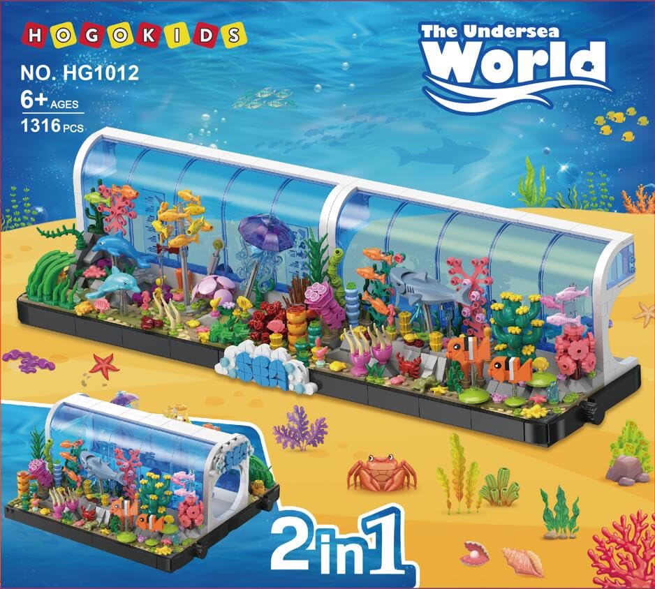 HOGOKIDS Aquarium Building Set - 2 Styles Oceanarium Construction Toy For Kids And Adults, Rotatable Underwater Tank Includes Dolphins, Crab, Fish, Jellyfish And Sea Animals — image 1