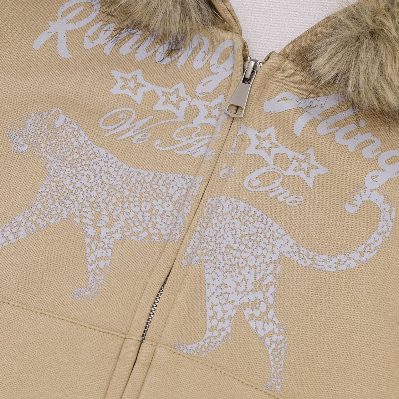 Leopard Print Splicing Zip Up Detachable Faux Fur Hood Jacket — image 4