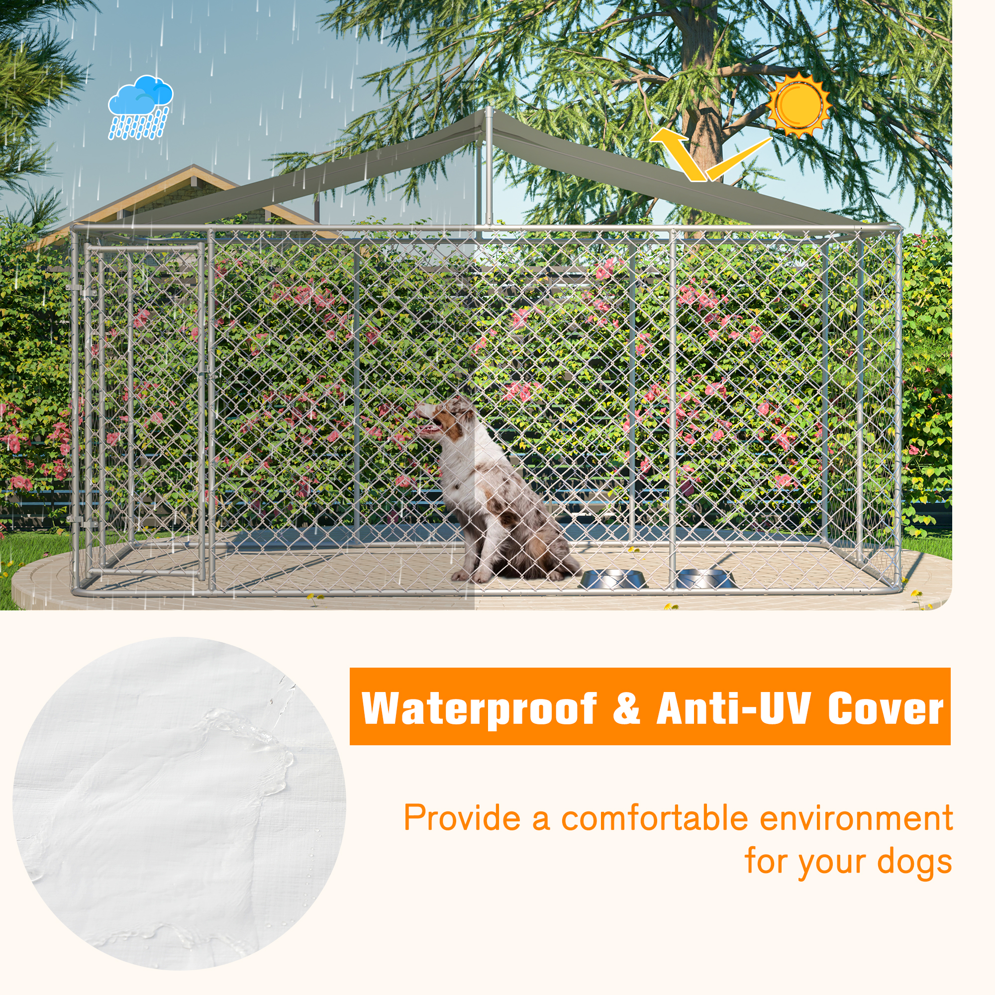 Cubo de Perro Externo Resistente 13,1x7,5x7,6 m, Jaula de Enlace Galvanizado con Cubierta Anti-UV Impermeable y Cerradura Segura para Ejercicio Grande de Perros Pequeños y Mascotas Menores — imagen 5