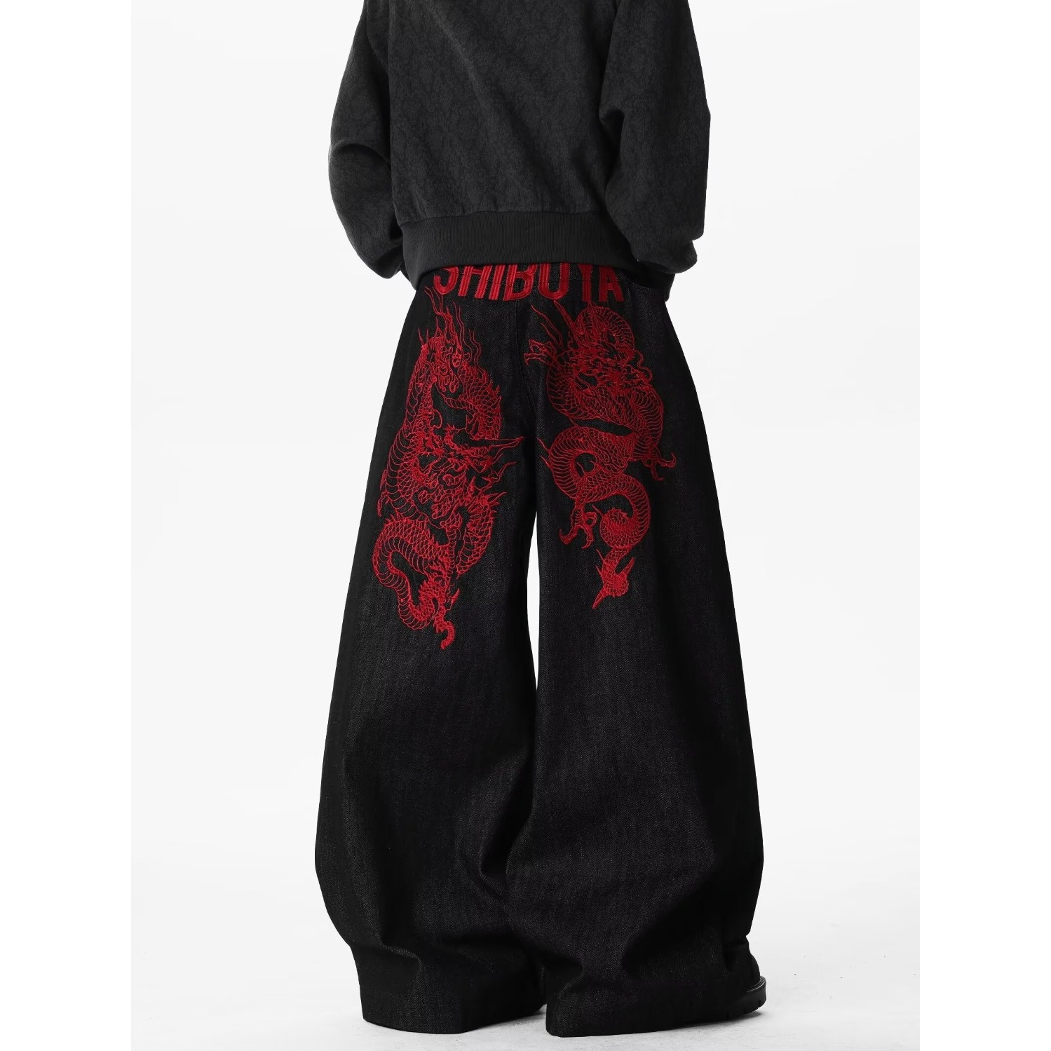 Red Dragon Embroidery Knife Jeans Men Loose Casual Cargo Wide Leg Long Pants — image 4