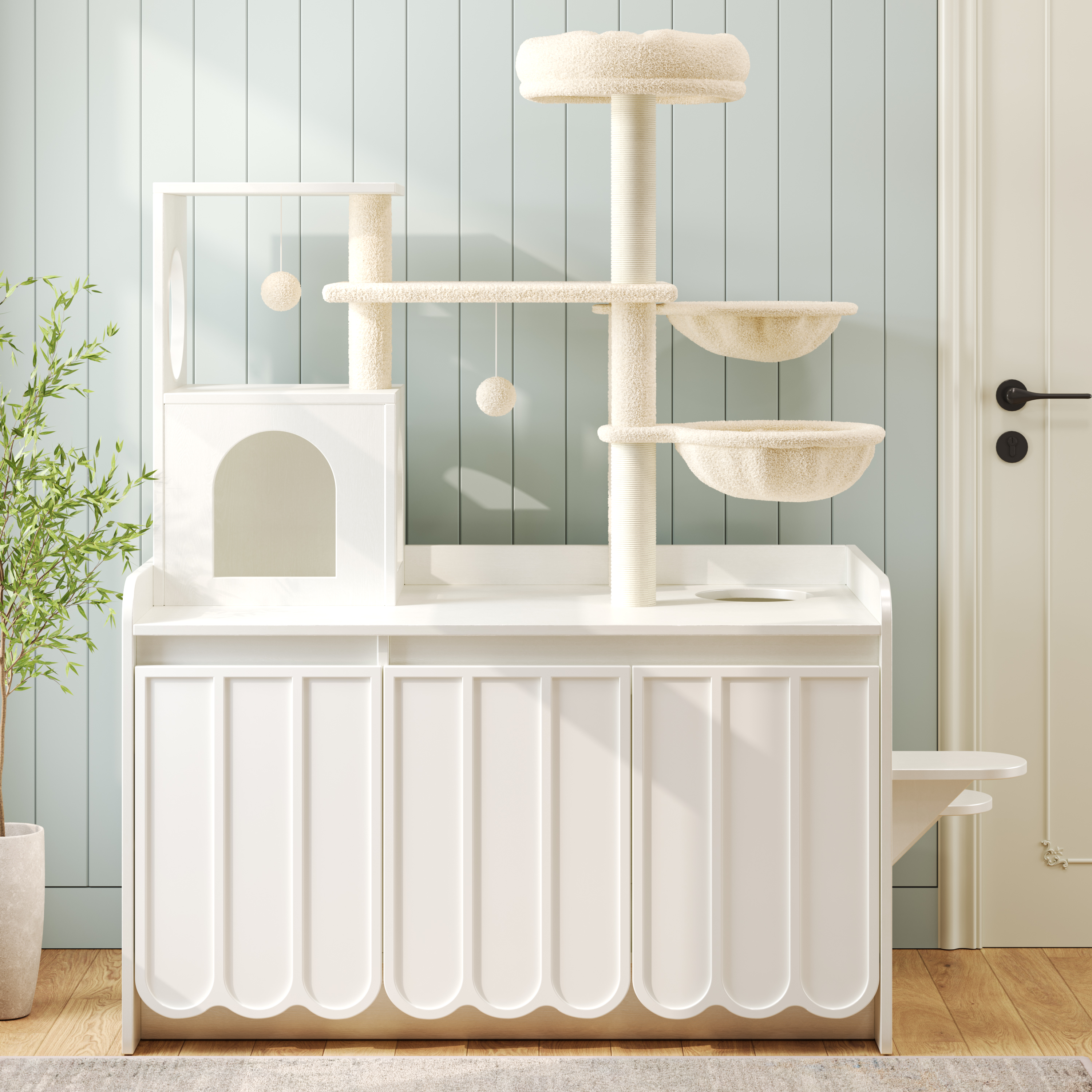 Rascador para Gatos de 50.6" con Cubierta para Caja de Arena, Torre para 5 Gatos con Poste Rascador de Sisal y Espacio de Almacenamiento, Mueble con Caja de Arena Oculta, Condominio Moderno Todo en Uno con Casa, Hamaca y Percha, Blanco — imagen 2