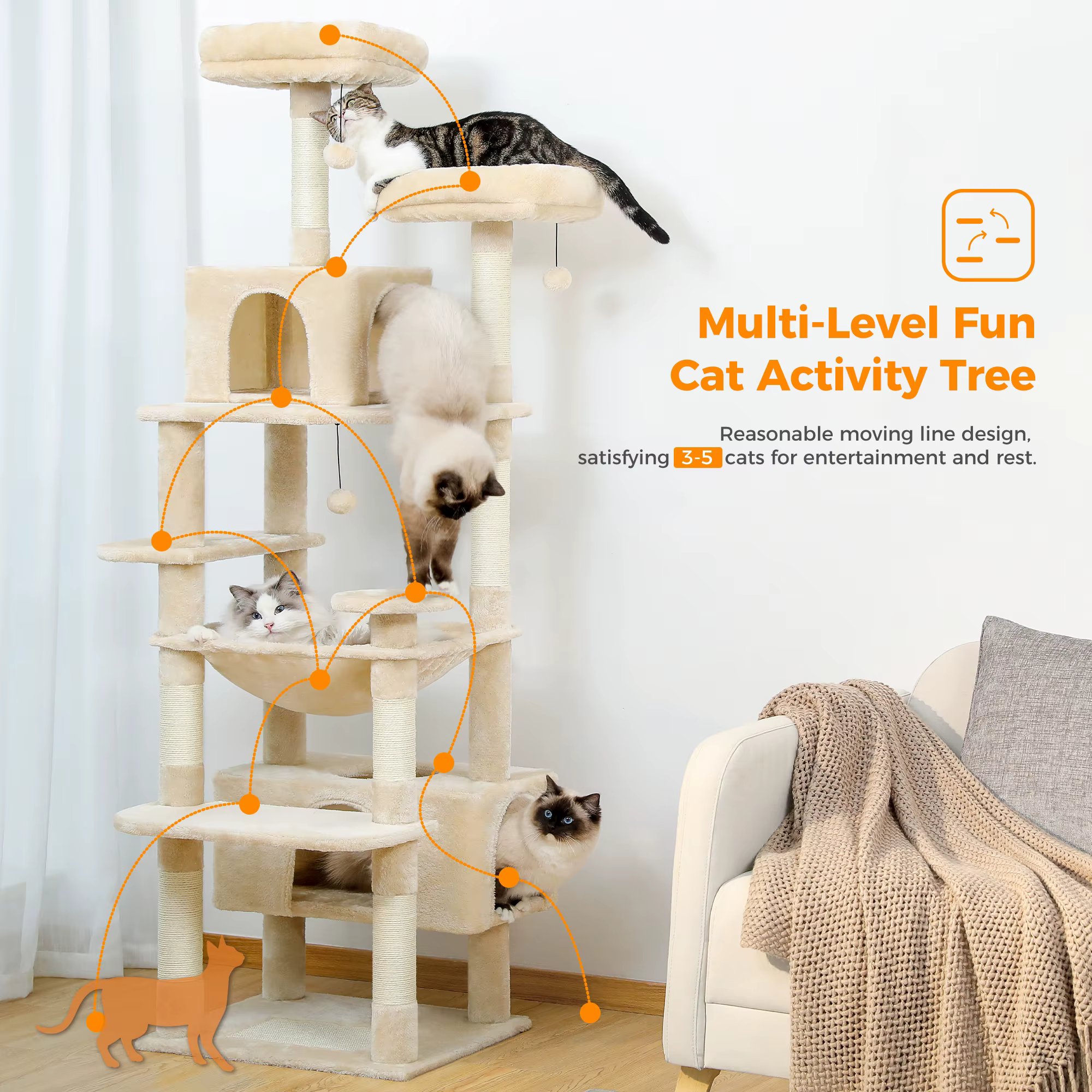 Large Cat Tree and Tower for Indoor Cats With Sisal-Covered Scratching Posts Spacious Hammock Padded Perches and Condos Cat Toys — image 3