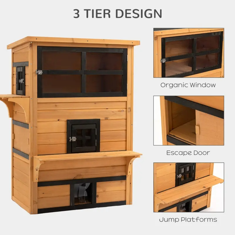 Refugio para Gatos de 3 Niveles con 5 Puertas de Escape, Resistente a la Intemperie, Amarillo y Negro — imagen 5
