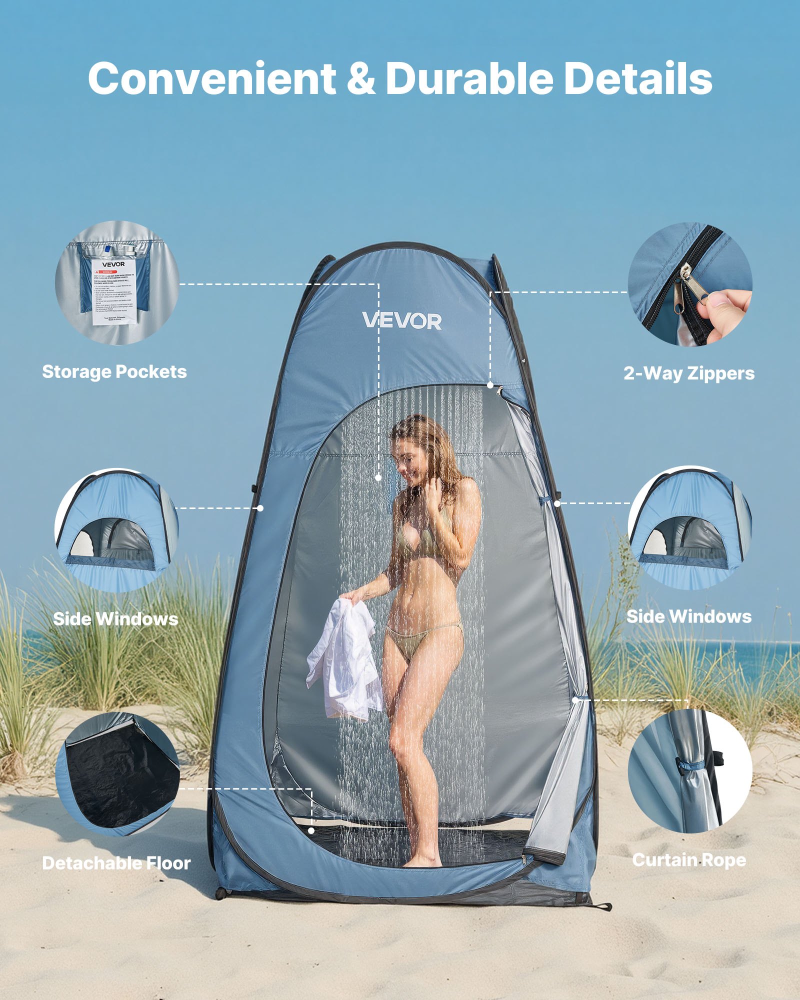 Tenda de Ducha Instantánea, Privacidad Portátil con Estacas y Bolsa de Transporte, 190T Poliéster con Recubrimiento Plateado, Configuración Rápida para Camping, Playa, Pesca, Azul — imagen 4
