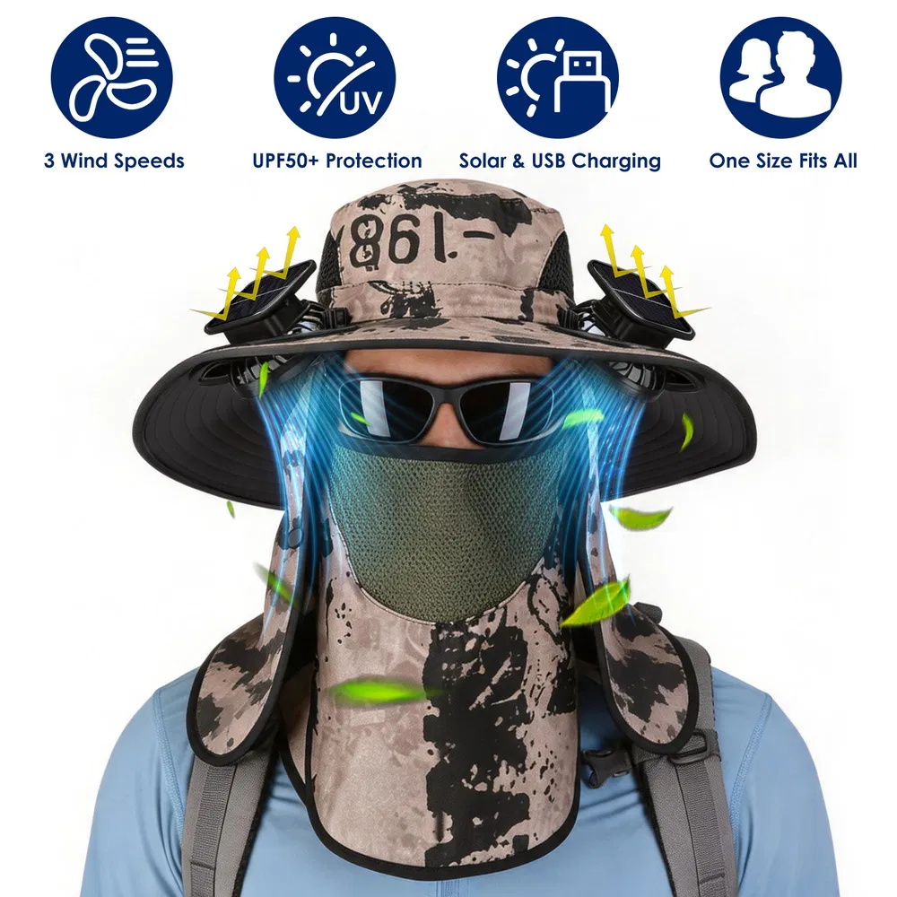 2 In 1 Solar Fan Hat UPF50 & Sun Hat With Fans Wide Brim Fishing Hat With Face Cover Neck Flap Solar USB Charging For Hiking Gardening Outdoor Work — imagen 8