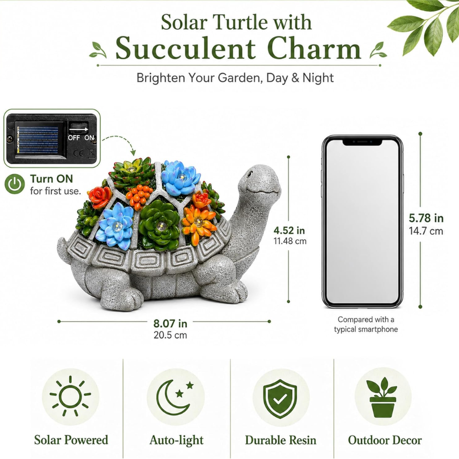Estatua de Tortuga Solar para Jardín con Suculentas y 7 Luces LED — imagen 6