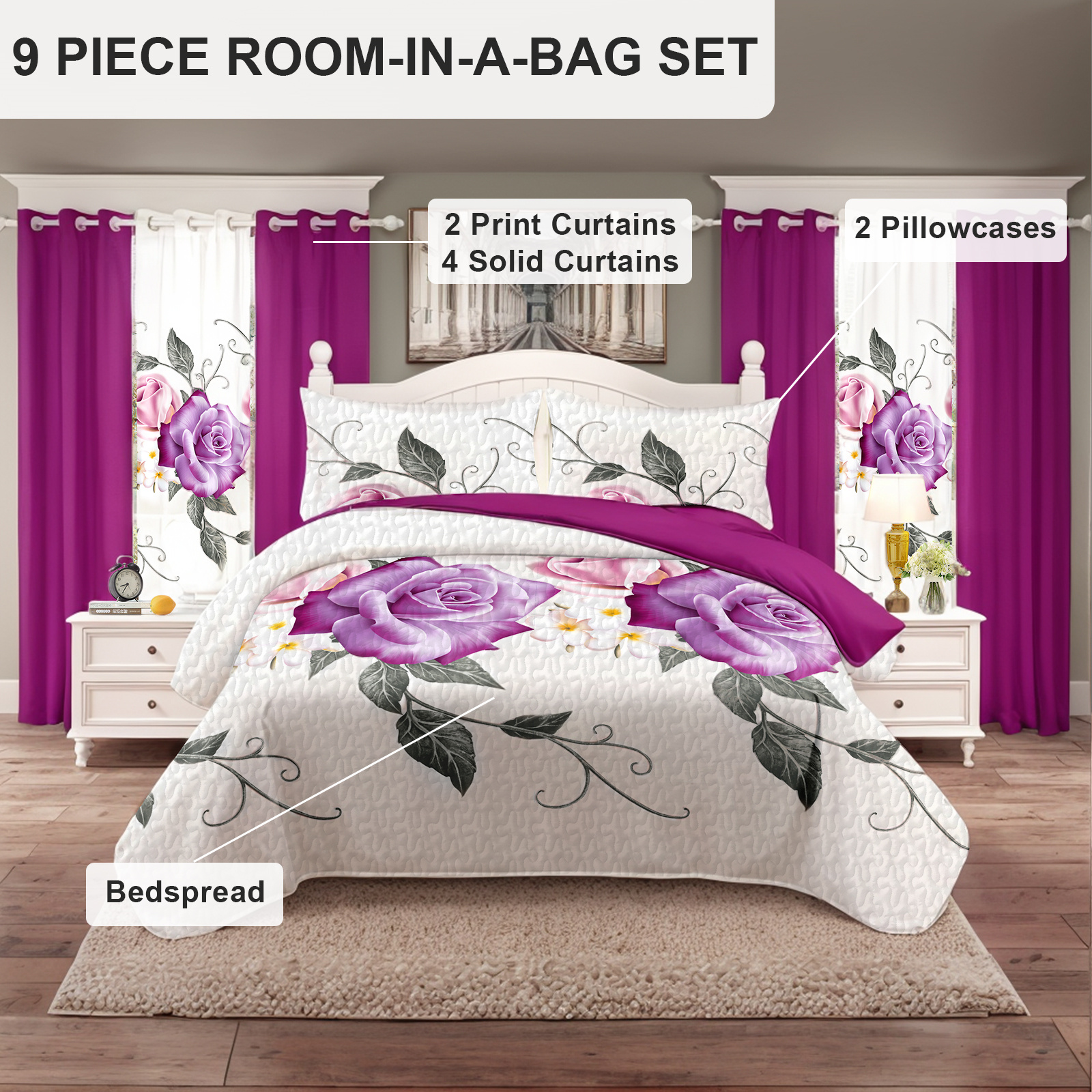 Set de Edredón y Cortinas de 9 Piezas 'Habitación en una Bolsa', Diseño Americano con Estampado Floral de Rosas Magenta y Morado Intenso, Colcha Gruesa con 6 Paneles de Cortina Personalizables, Apto para Mascotas de Alto Gramaje — imagen 11