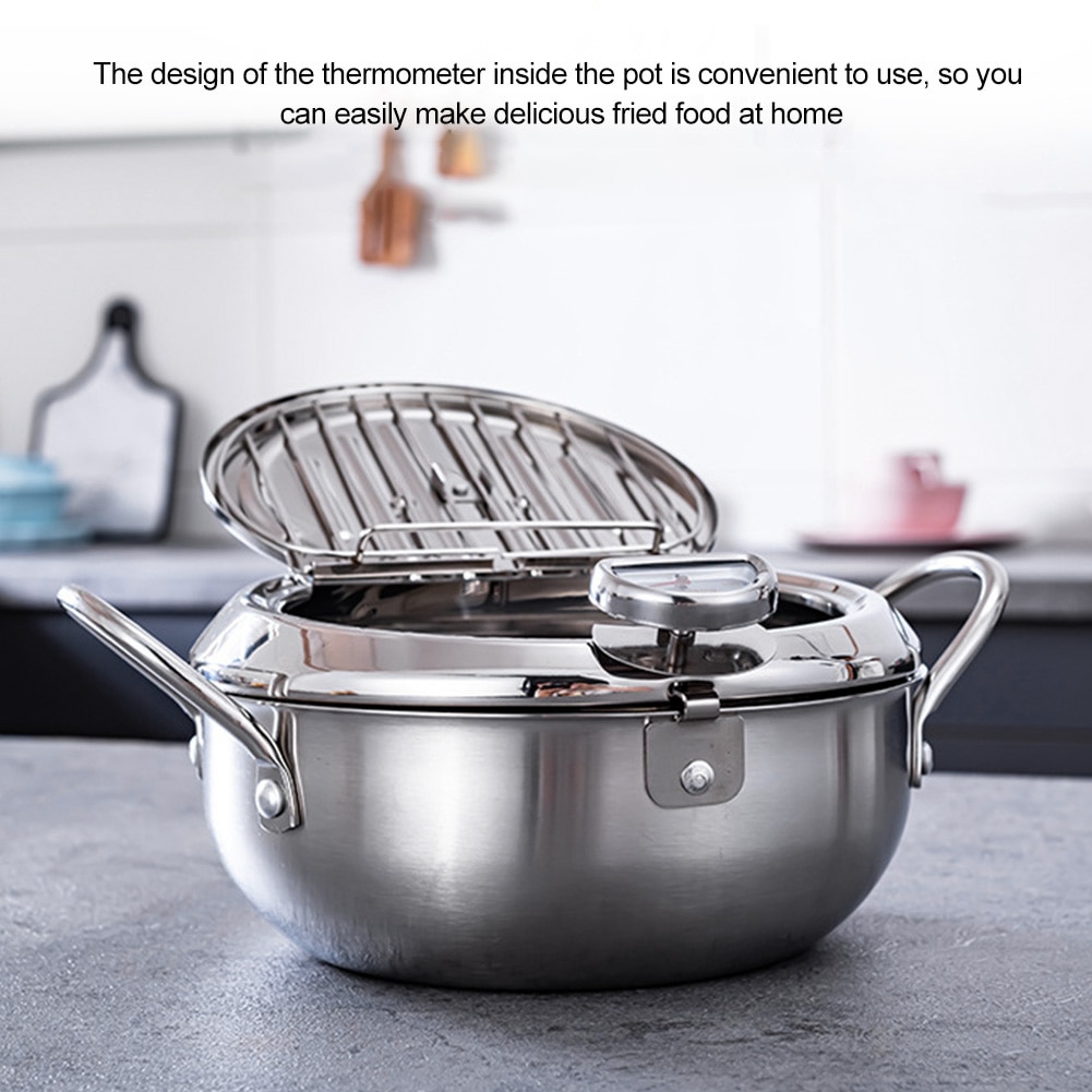 Restaurant Lid With Thermometer Non Stick Tempura Deep Fryer Carbon Steel Easy Clean Kitchen Chicken French Fries Oil Drip Rack — image 2