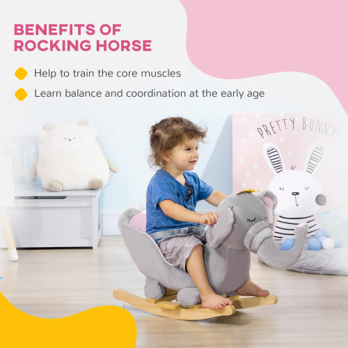 Qaba Baby Rocking Horse Elephant Rocking Chair Toddler Rocker Toy With Sound Wooden Base Seat Safety Belt For 1.5-3 Year Old, Gray — imagen 8
