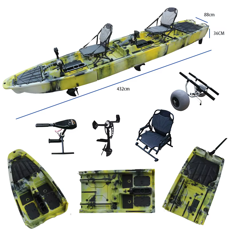 Kayak de Mar Modular de Pedal para 2 Personas de 14.1FT, Casco de HDPE PE, Kayak de Plástico con Hélice para Pesca en el Océano, con Motor de Curricán — imagen 1