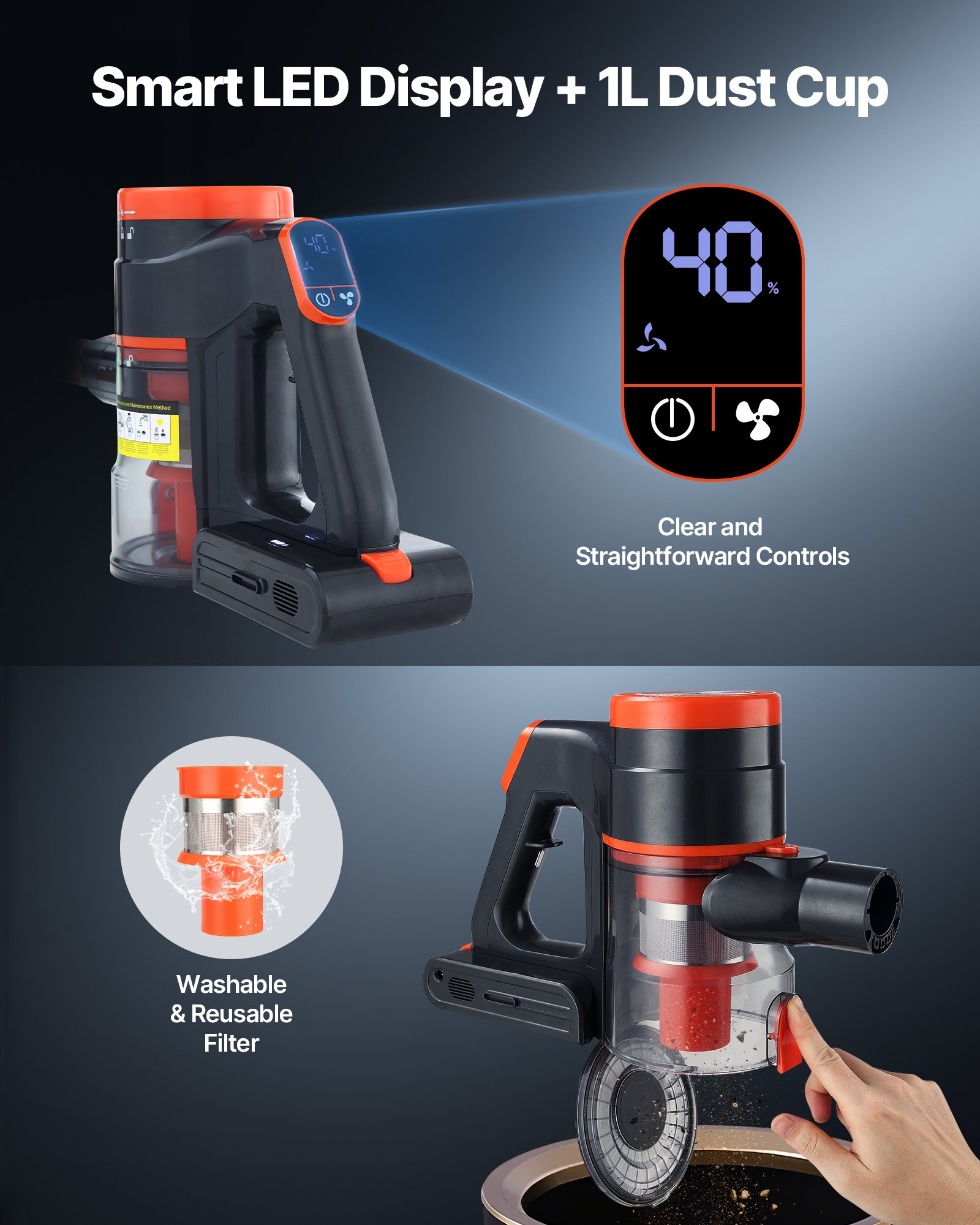 Aspirador Inalámbrico de 40 kPa de Succión Máxima, con Pantalla LED y Batería Recargable para Suelos Duros, Alfombras y Pelos de Mascotas — imagen 2