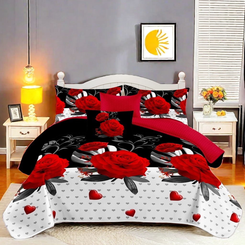 9 Piece Room In A Bag Quilt And Curtain Set, US Designer Romantic Red Rose Print Heavyweight Bedspread With 6 Customizable Window Panels, Pet-Friendly High GSM Coverlet — image 4