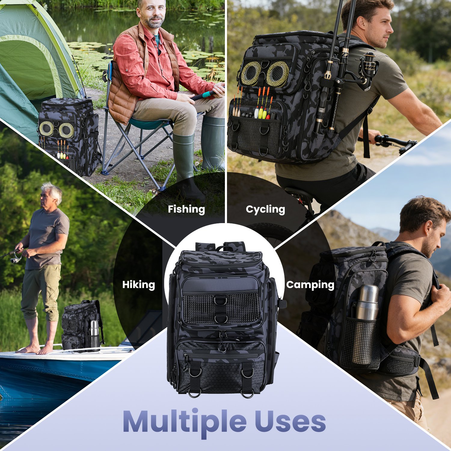 Mochila de Pesca de 42L (11Gal), Bolsa de Almacenamiento de Gran Capacidad para Equipo de Pesca, con Portacañas, 16 Bolsillos, Resistente al Agua, con Divisor, Correas Acolchadas Ajustables Para Pesca, Camping al Aire Libre y Senderismo — imagen 7