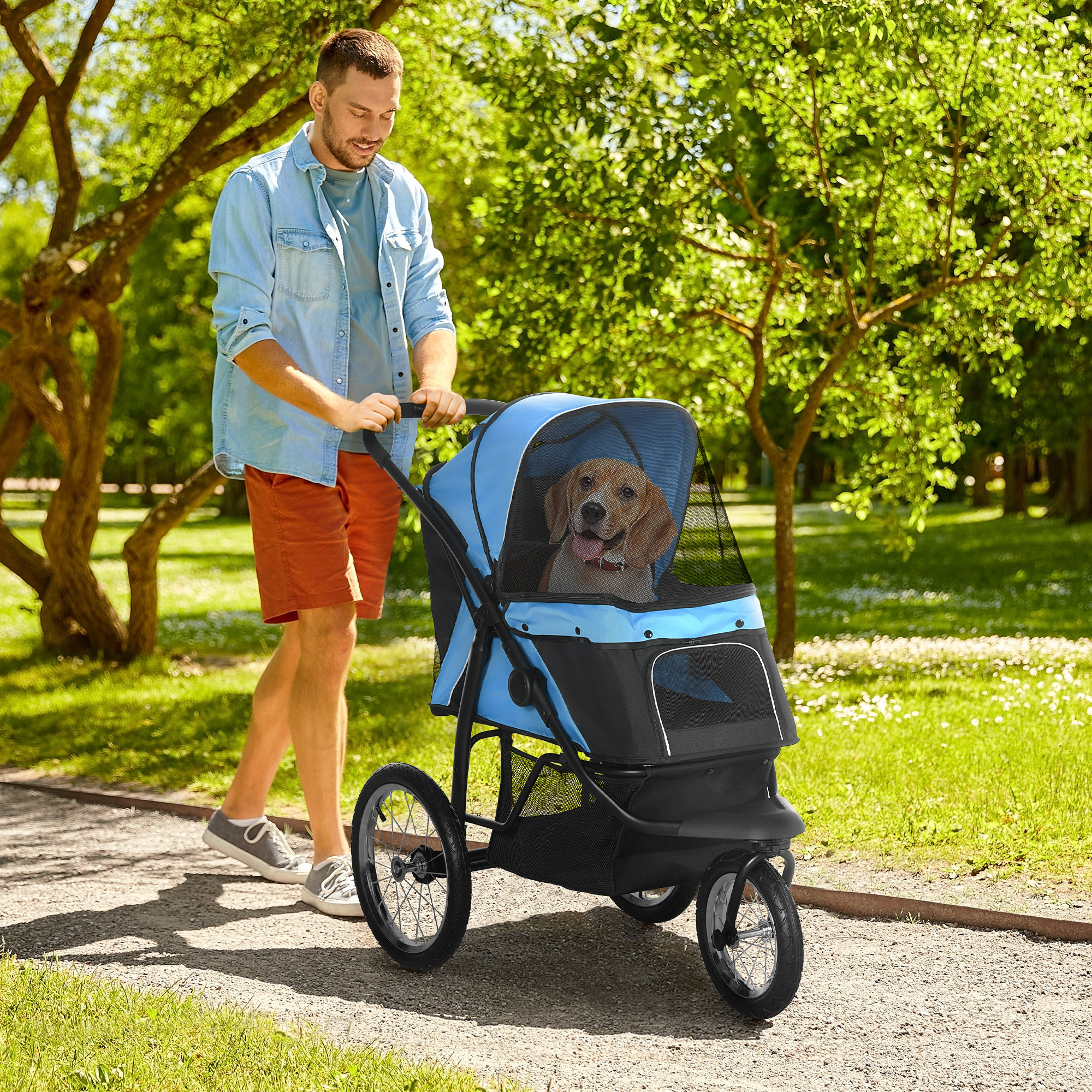 Cochecito para Mascotas de 3 Ruedas para Perros Pequeños y Medianos con Techo Ajustable, Correa de Seguridad y Cesta de Almacenamiento, Azul — imagen 1