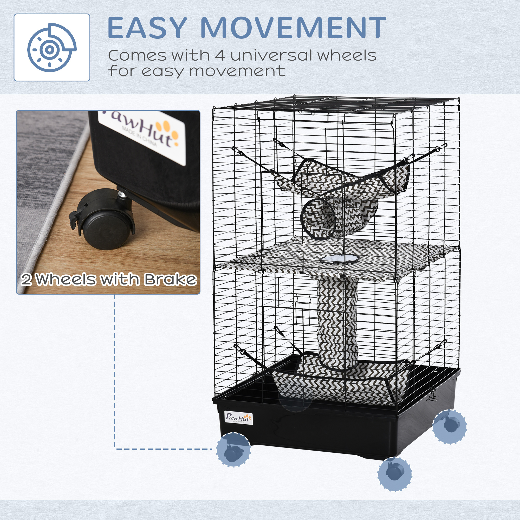 Jaula para Hurón de 42", Hábitat para Animales Pequeños, Jaula Metálica para Mascotas con Ruedas y Frenos, Hamacas, Túneles Colgantes y 3 Puertas, Negro — imagen 5