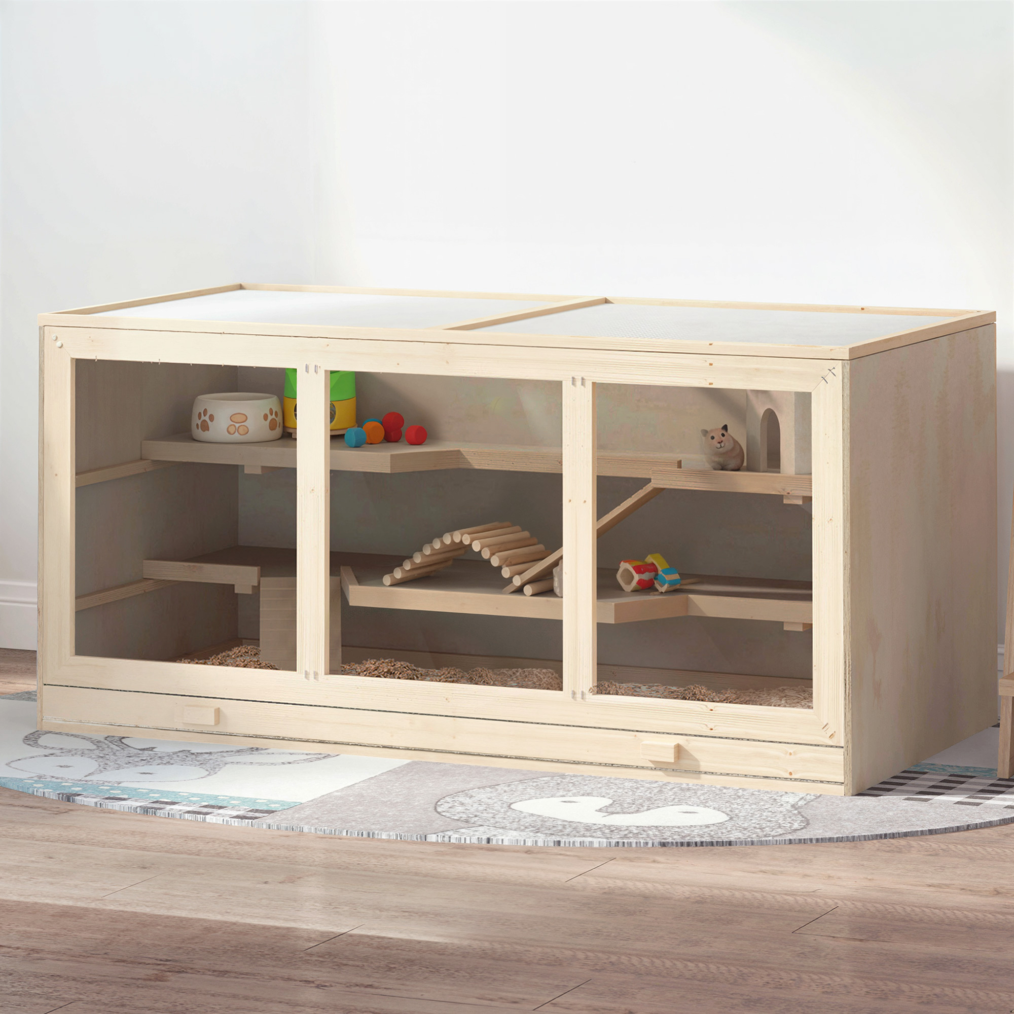 45" Extra Large Wooden Hamster Cage, 3-Layer Rat Cage With Opening Roof, PVC Window, Small Animal Habitat For Gerbil, Dwarf & Syrian Hamsters, Natural — imagen 1