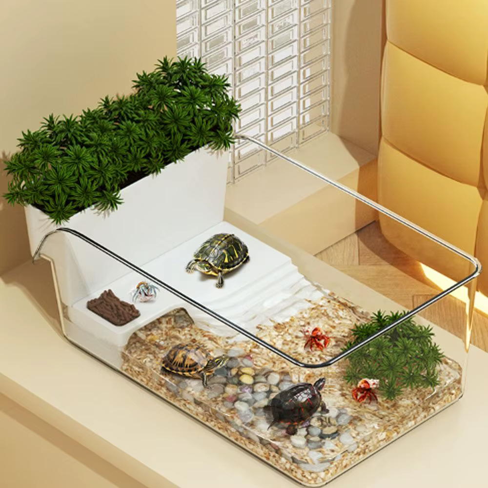 Transparent Turtle Tank Ecological Landscaping Sun Climbing Reptile Terrarium Habitat with Basking Area Crab Tank — image 3
