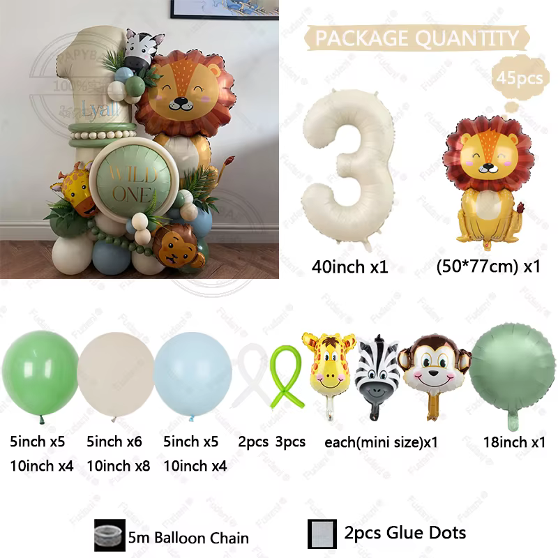 Set de 45 globos de cumpleaños con león, jirafa, número en color crema blanco, tema animal de la selva, decoración de fiesta de cumpleaños, regalo sorpresa — imagen 4