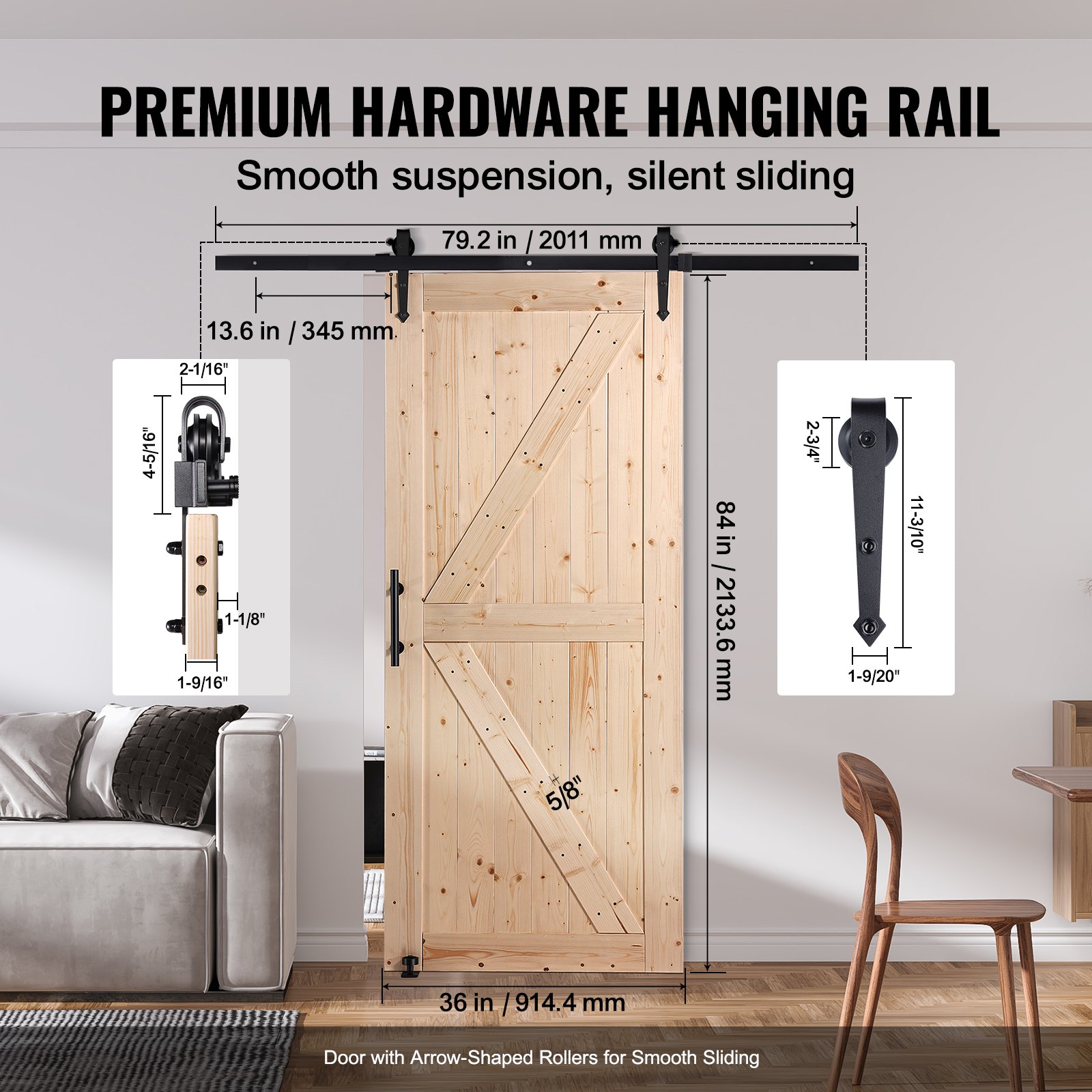 Barn Door And Hardware Kit, 36" X 84" Wood Sliding Barn Door, Smoothly And Quietly, Barn Door Kit With 8-in-1 Floor Guide And Door Handle, Spruce Wood Panelled Slab, Easy To Install — imagen 4