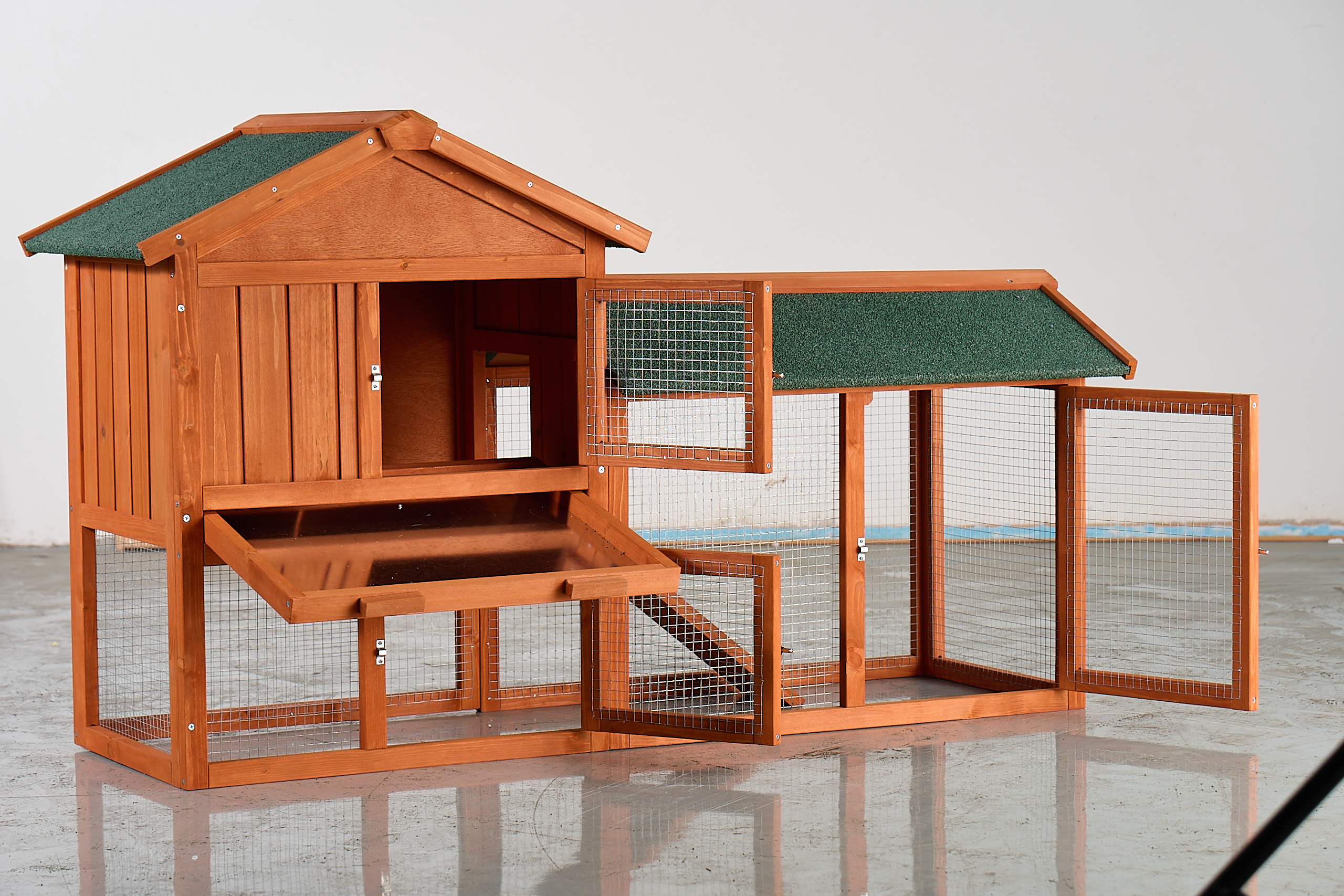 Large Wooden Rabbit Hutch, 2-Story Outdoor Bunny Cage With Waterproof Asphalt Roof, Pull-Out Tray & Ramp, Fir Wood Pet House For Rabbits, Chickens, Guinea Pigs Brown & Green — imagen 3