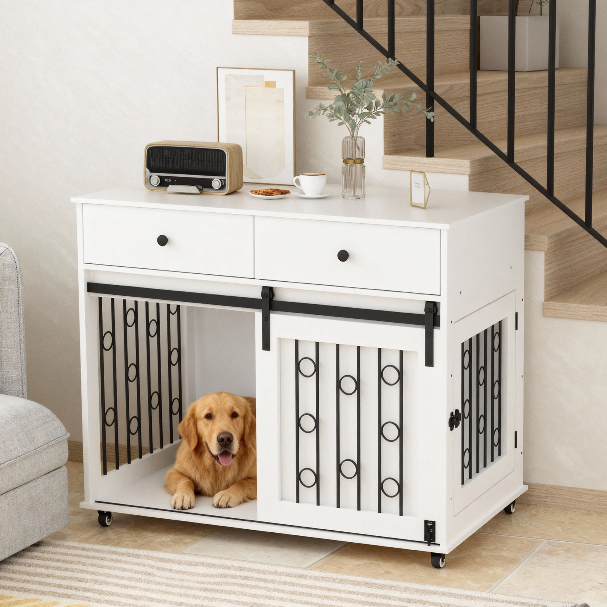 Mueble Jaula para Perro de Madera Moderno de 39.37" con Doble Cajón y Puerta Corrediza Estilo Granero, Mesa Decorativa con Ruedas Bloqueables, Jaula Elegante para Perros Pequeños y Medianos, Blanco — imagen 2