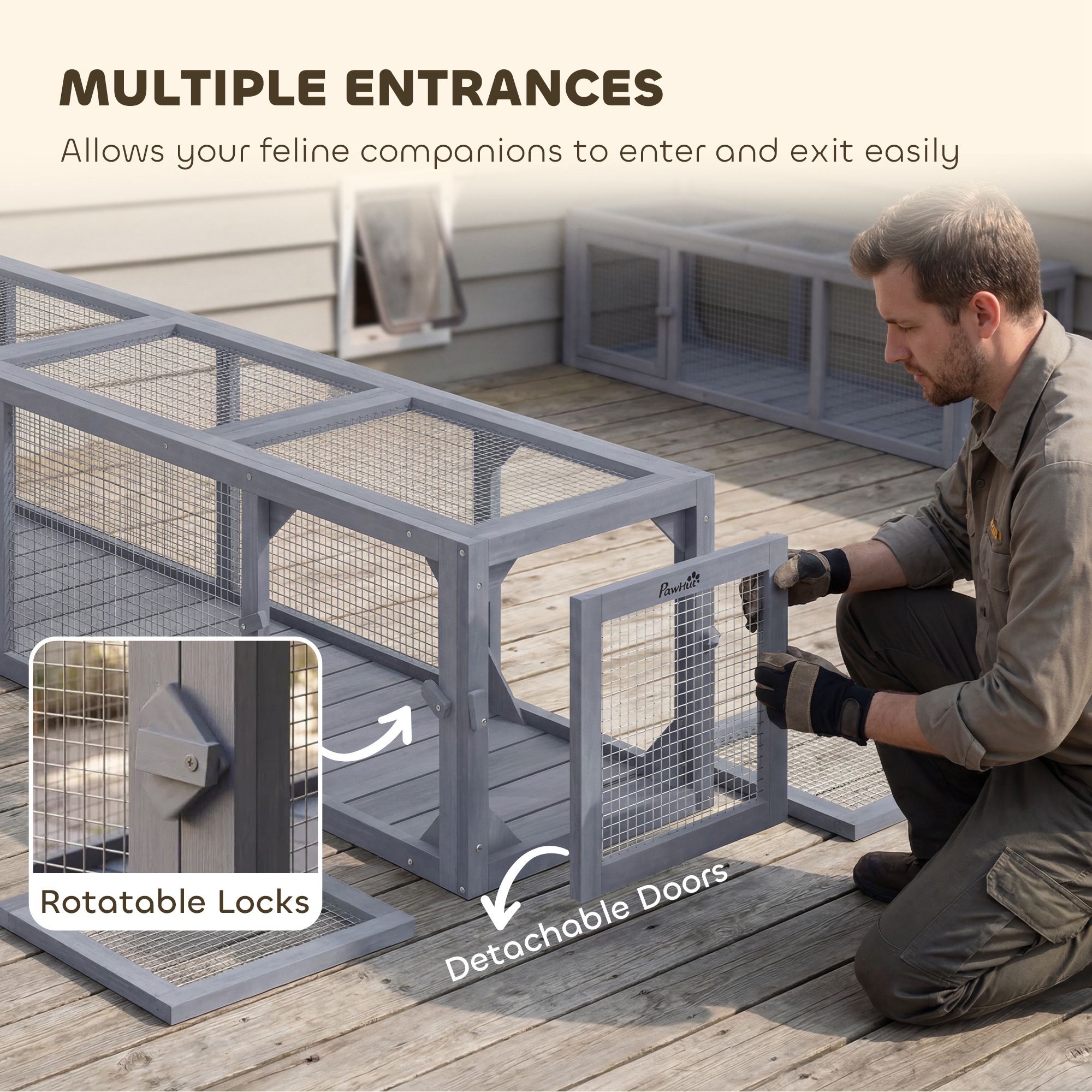 Túnel de Gato de Madera con Protección Climática, Conectable Interior y Exterior, 79"L x 15"W x 15"H, Gris Oscuro — imagen 6