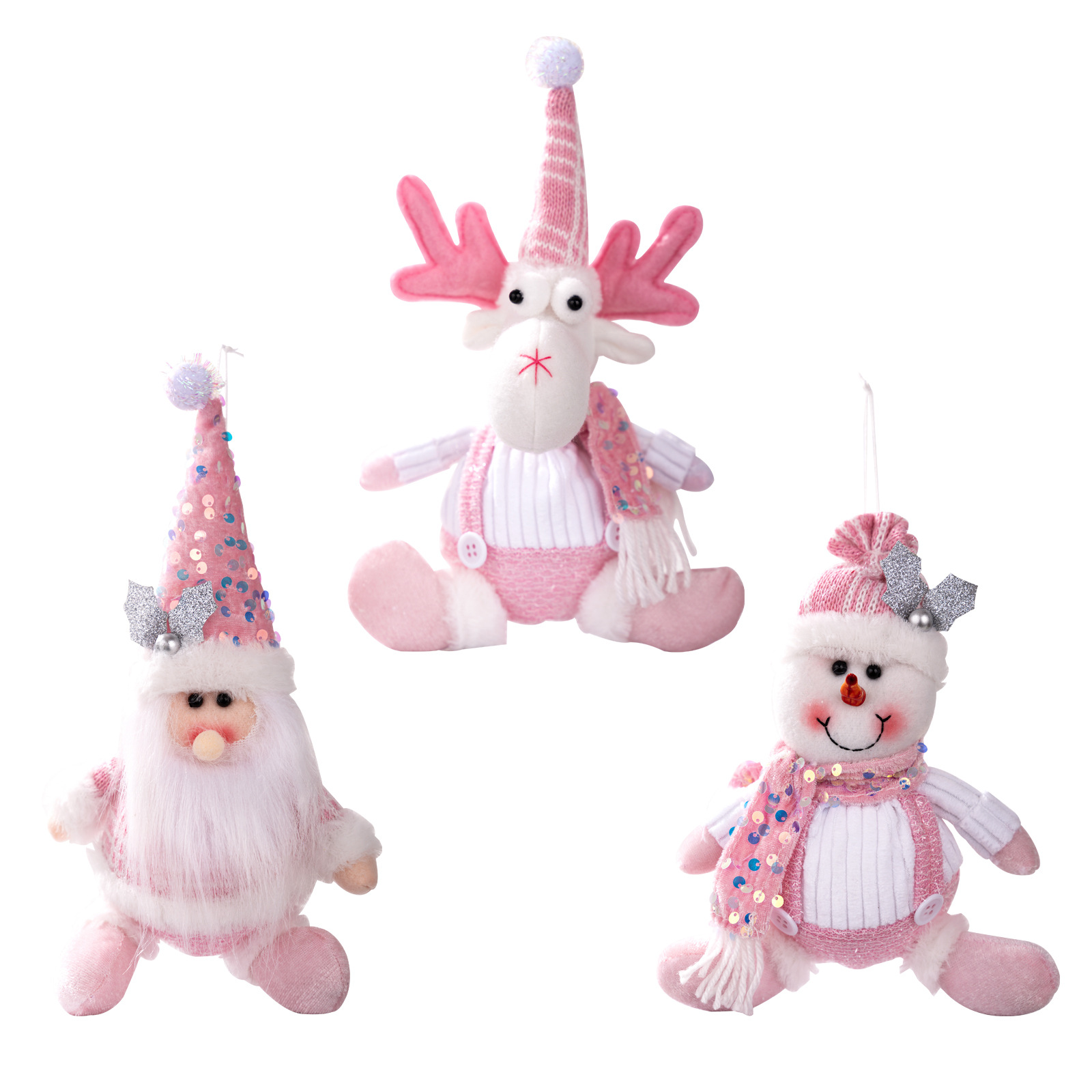 Christmas Decoration Pink Glitter Plush Ornament Santa Claus Figurine Snowman Reindeer Hanging Decor — image 1