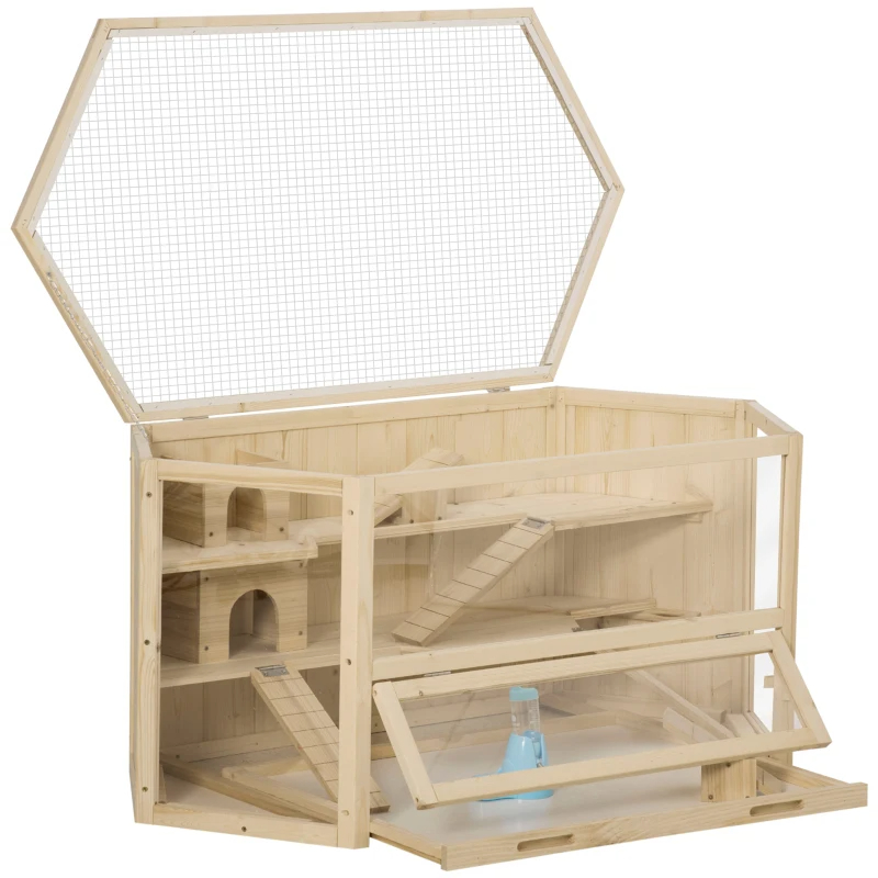 Wooden Large Hamster Cage Small Animal Exercise Play House 3 Tier With Tray, Seesaws, Water Bottle, Activity Center, Natural — image 4