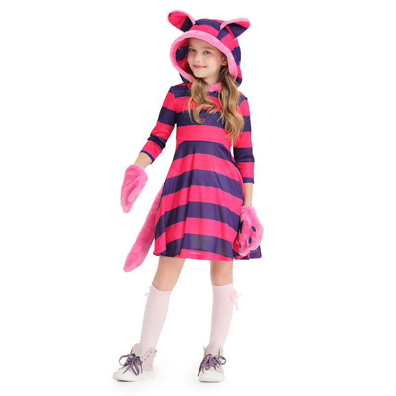 Cute Cat Paw Printed Dress for Kids - Purple Striped Smiling Cat Design, Children's Performance Outfit — image 6