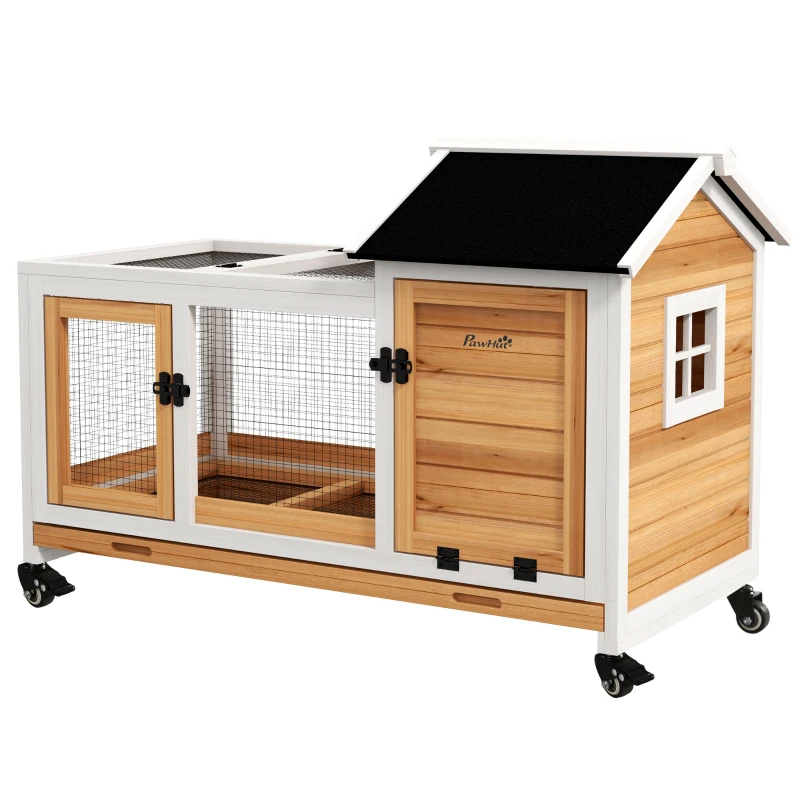 Wooden Rabbit Hutch With Wheels, Run, Slide-out Tray For Small Animals, Guinea Pig, Yellow — imagen 9