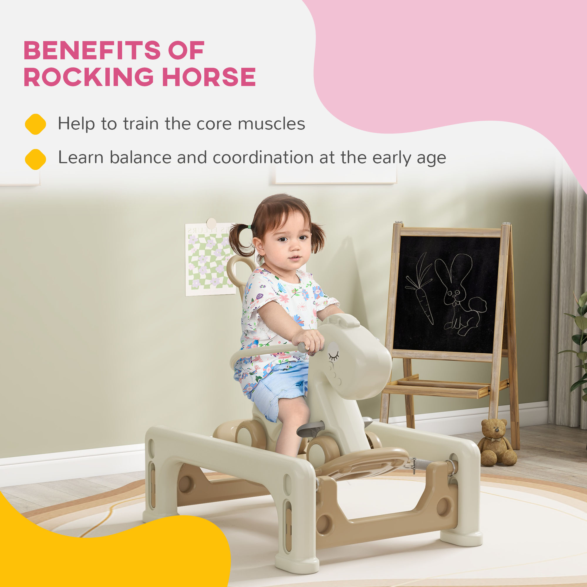5 in 1 Rocking Horse for Toddlers 1-3 Years with Detachable Balance Board, Push Handle, Footrest, Cream White — imagen 3