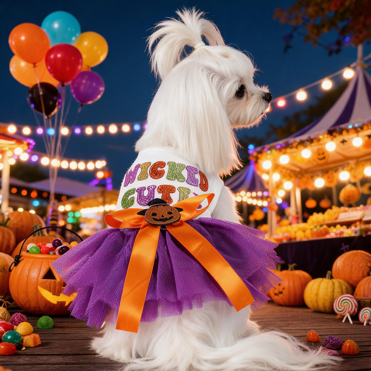 Purple Mesh Pumpkin Witch Pet Halloween Dress with Colorful Sequin Letters Dog Princess Dress Pet Party Costume — image 2